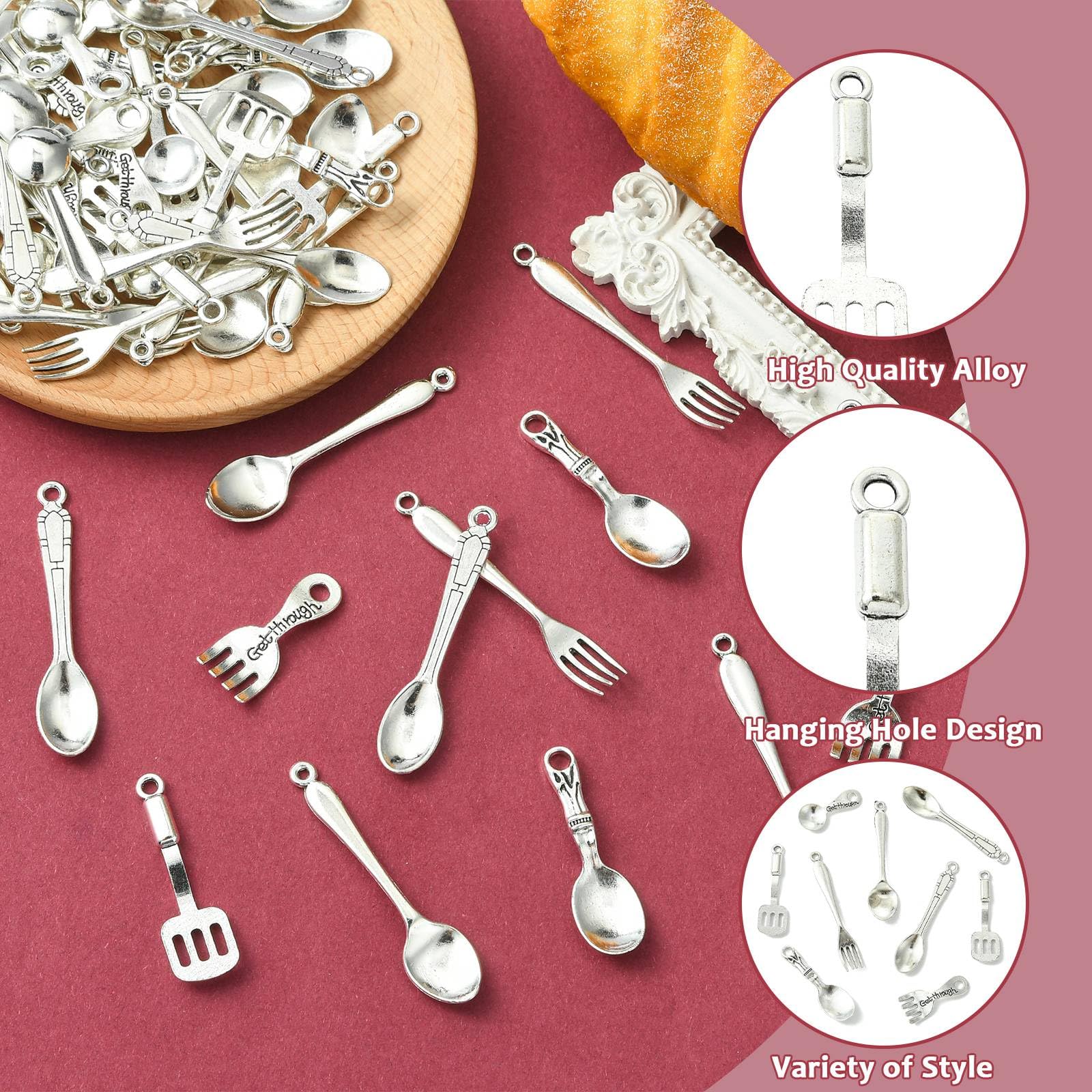 UR URLIFEHALL 70 Pcs 7 Styles Tibetan Tableware Charms Antique Silver Fork Spoon Charms for Jewellery Making Table Kitchen Crafts Decortive - Image 3