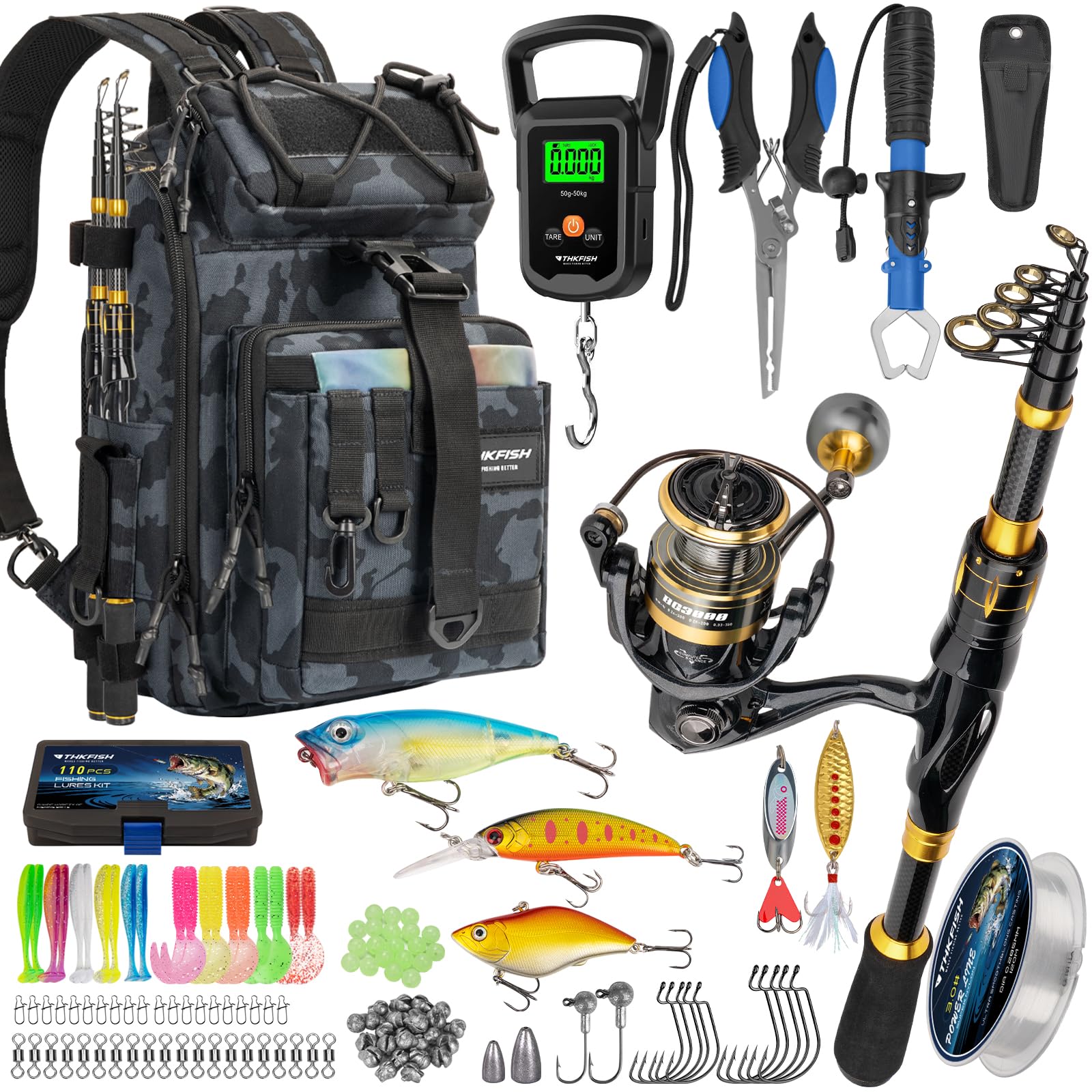 THKFISH Telescopic Fishing Rod and Reel Combo with Backpack, Carbon Fiber Travel Fishing Rod with Spinning Reel Kit with Fishing Lures, Fishing Tool Kit for