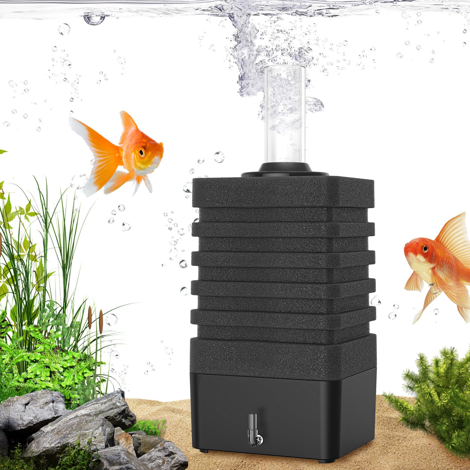 Moonorange Aquarium Bio Sponge Filter, Super-Quiet Submersible Fish Tank Foam Filter with 1 Spare Sponge, Suits Tanks Within 110 Gallon(L)