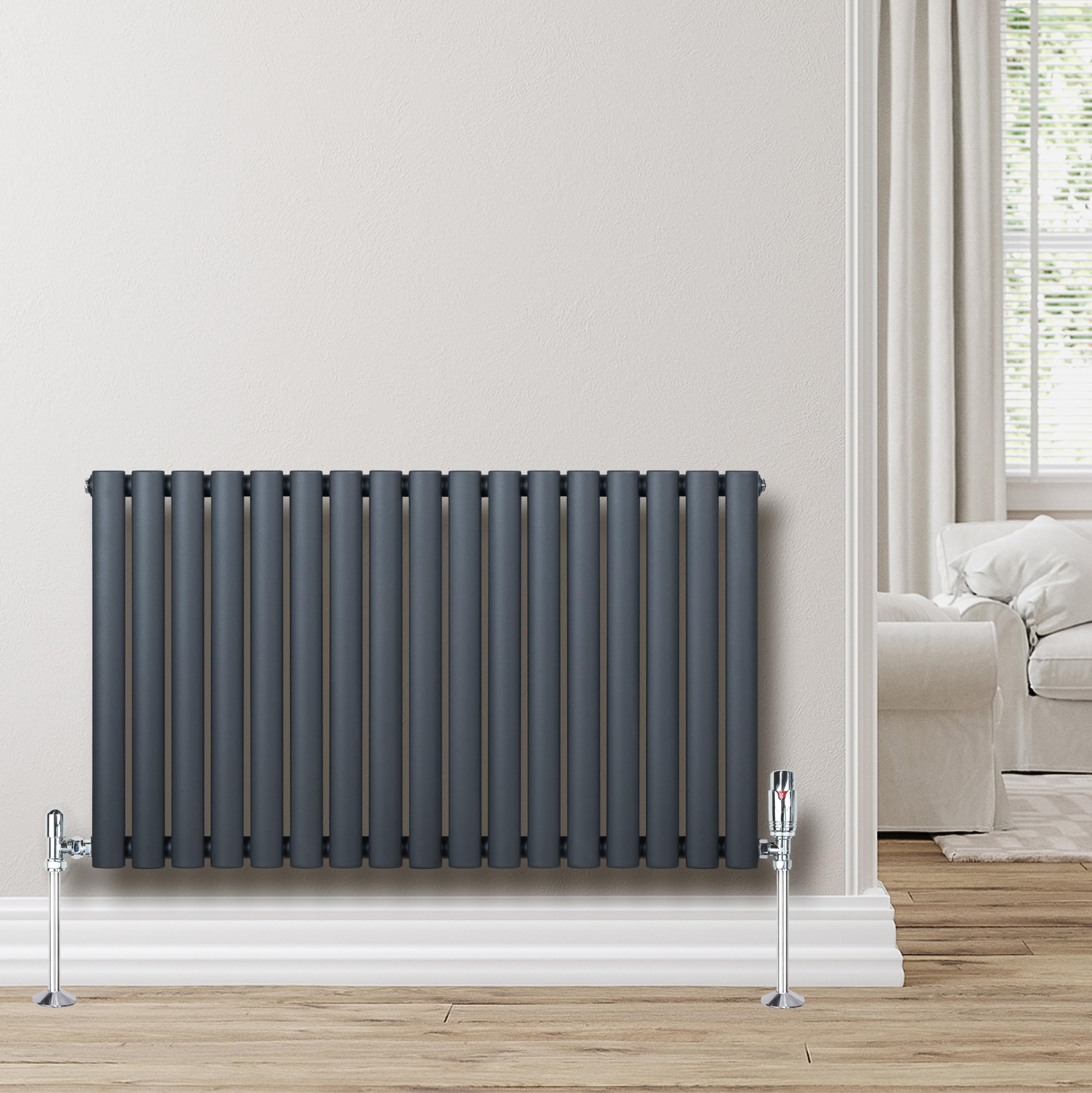 Radiatore Ovale a Colonna Singola 600 x 1020 mm Orizzontale Design Moderno Acciaio al Carbonio Riscaldamento Centrale Antracite con Kit Fissaggio e Spazzola