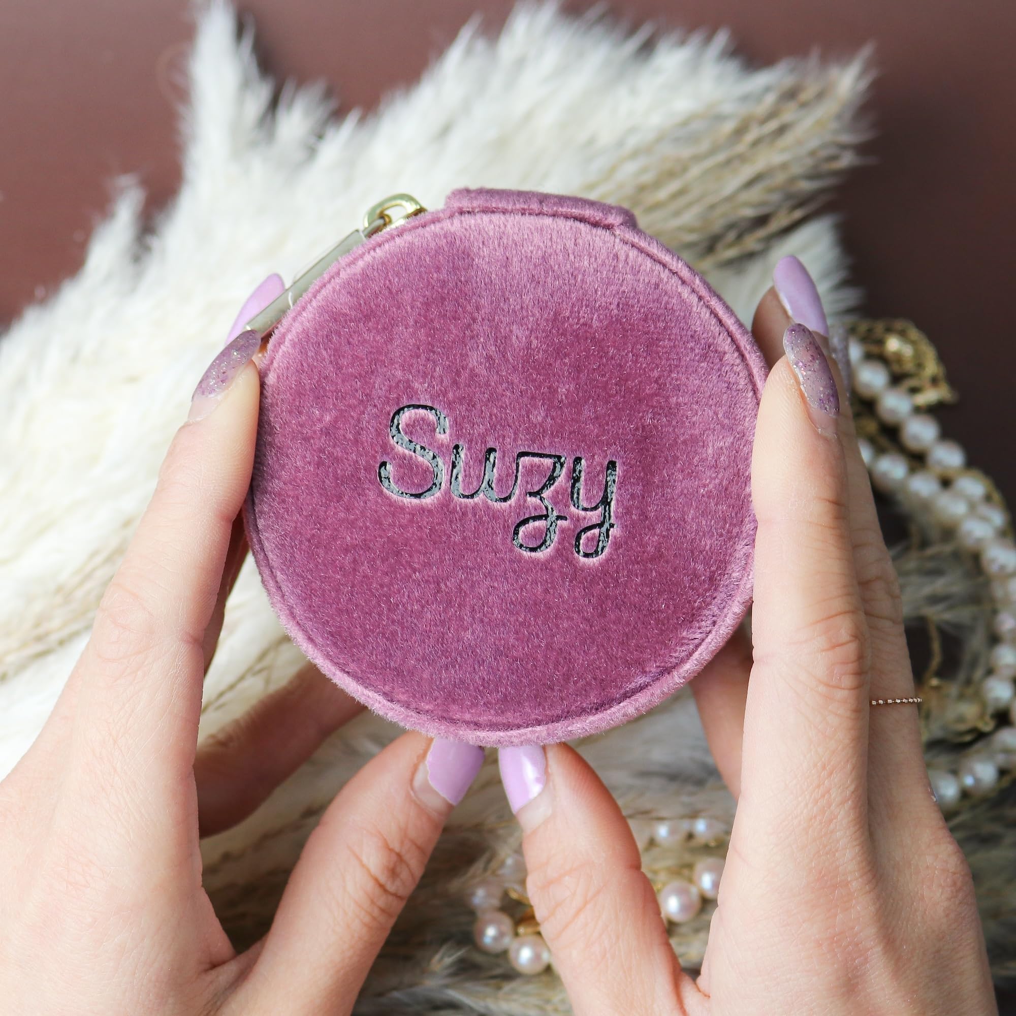 Customizable Mini Round Jewelry Box, Travel Jewelry Case, Travel Jewelry Organizer, Jewelry Box for Women and Girls, Small Jewelry Organizer (Center Text, Mulberry)