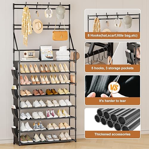 Miniatura 4 de OYREL Zapatero de 8 niveles grande organizador de zapatos de almacenamiento 32-40 pares de almacenamiento de zapatos de metal con ganchos y bolsillo