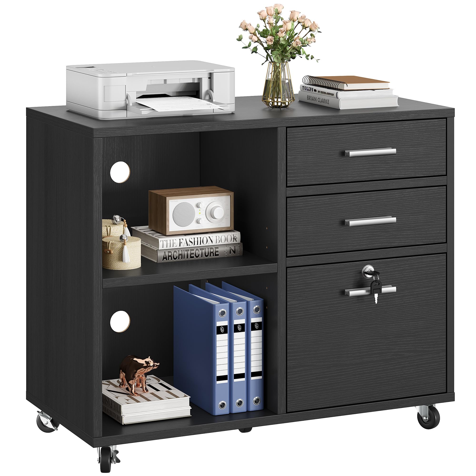 YITAHOME Wood File Cabinet, 3 Drawer Mobile Lateral Filing Cabinet, Storage Cabinet Printer Stand with Lock for Home Office Organization, Black