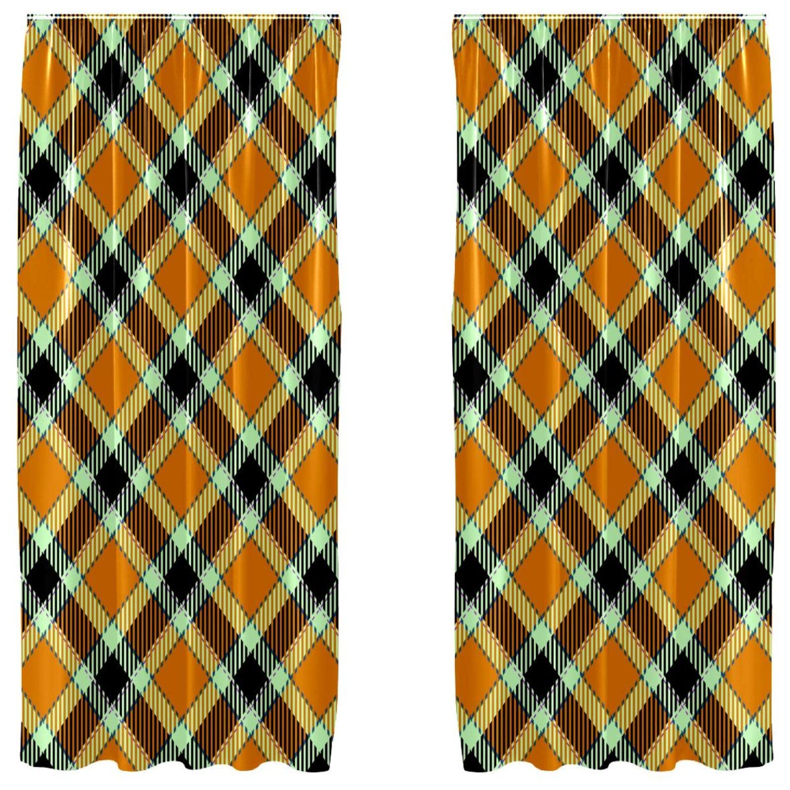Cortinas opacas de microfibra de cuadros naranja negro de 55 x 84 pulgadas para salón