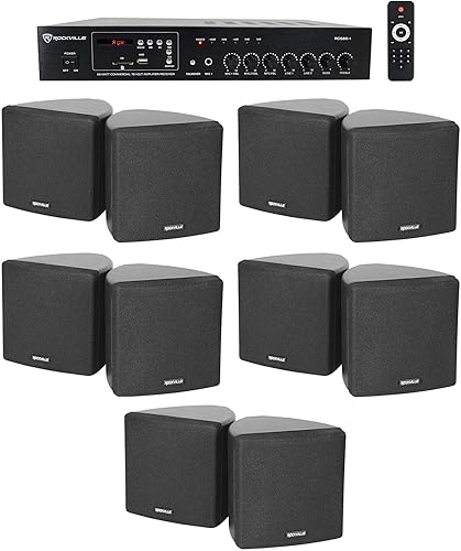 Rockville Paquete RCS80-1 Amplificador Bluetooth comercial de 60 vatios y 70 V, (10) altavoces giratorios de montaje en pared de cubo negro de 3.5