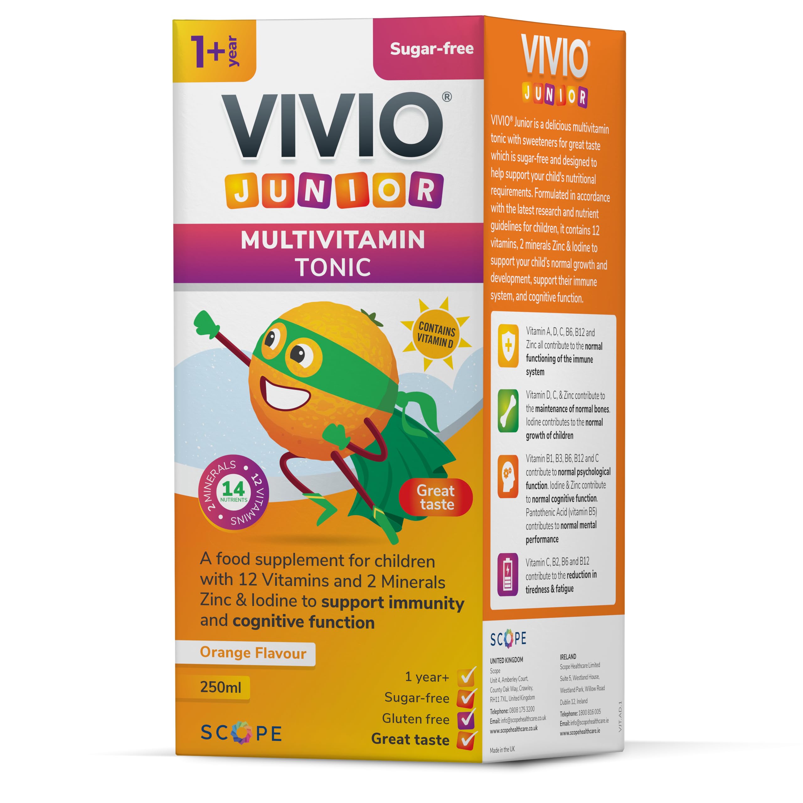 VIVIO Junior Multivitamin Tonic for Kids – 12 Added Vitamins Plus Zinc & Iodine to Support Your Child’s Immunity & Cognitive Function - Orange - 250ml