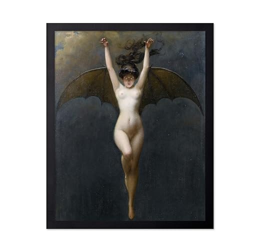Monem Art Vintage Poster - Retro Gothic Print - Gift for Artist, Friend - Bat Woman, Lady Vampire, Witch, Occult - Wall Decor for Home, Dorm, 8x10 Black Framed - Black Framed - 8"L x 10"W - Multicolor
