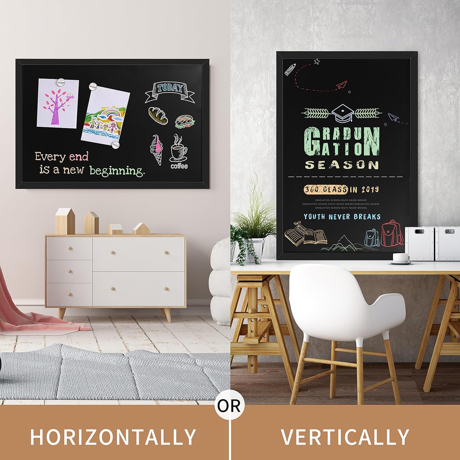 Board2by Magnetic Chalkboard Black Board 46 x 32, Extra Large Chalk Board Blackboard for Wall Decor, Easy-to-Erase Wood Framed Magnet Board, 4 Magnets for School, Home & Office (Classic Black)
