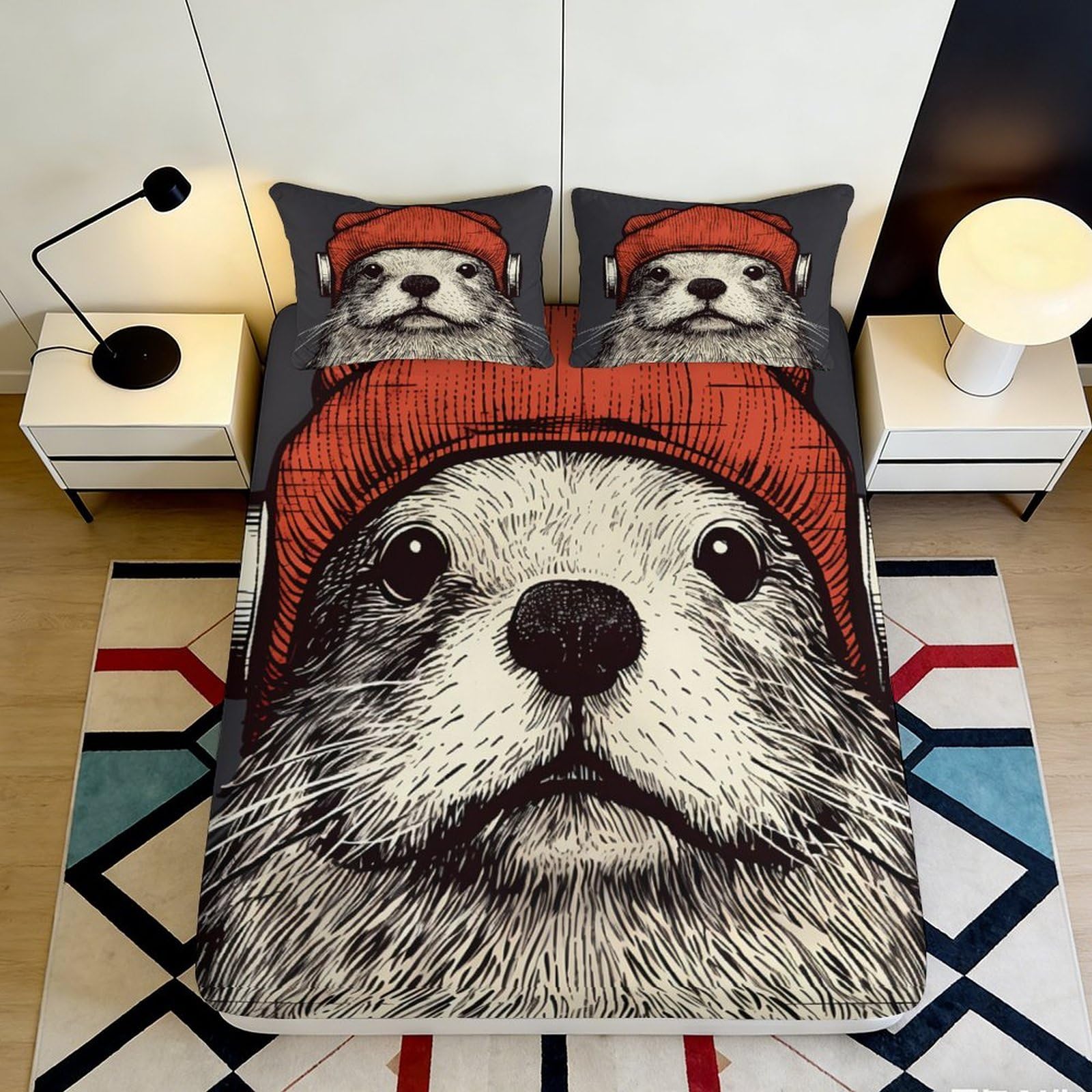 Pnayamiorkfel Style-8 3D Printed Otter Headphones Fitted Sheet Microfiber Soft Black Red Animal Bed Cover For Bedroom Guest Room Decor 90X200x25cm