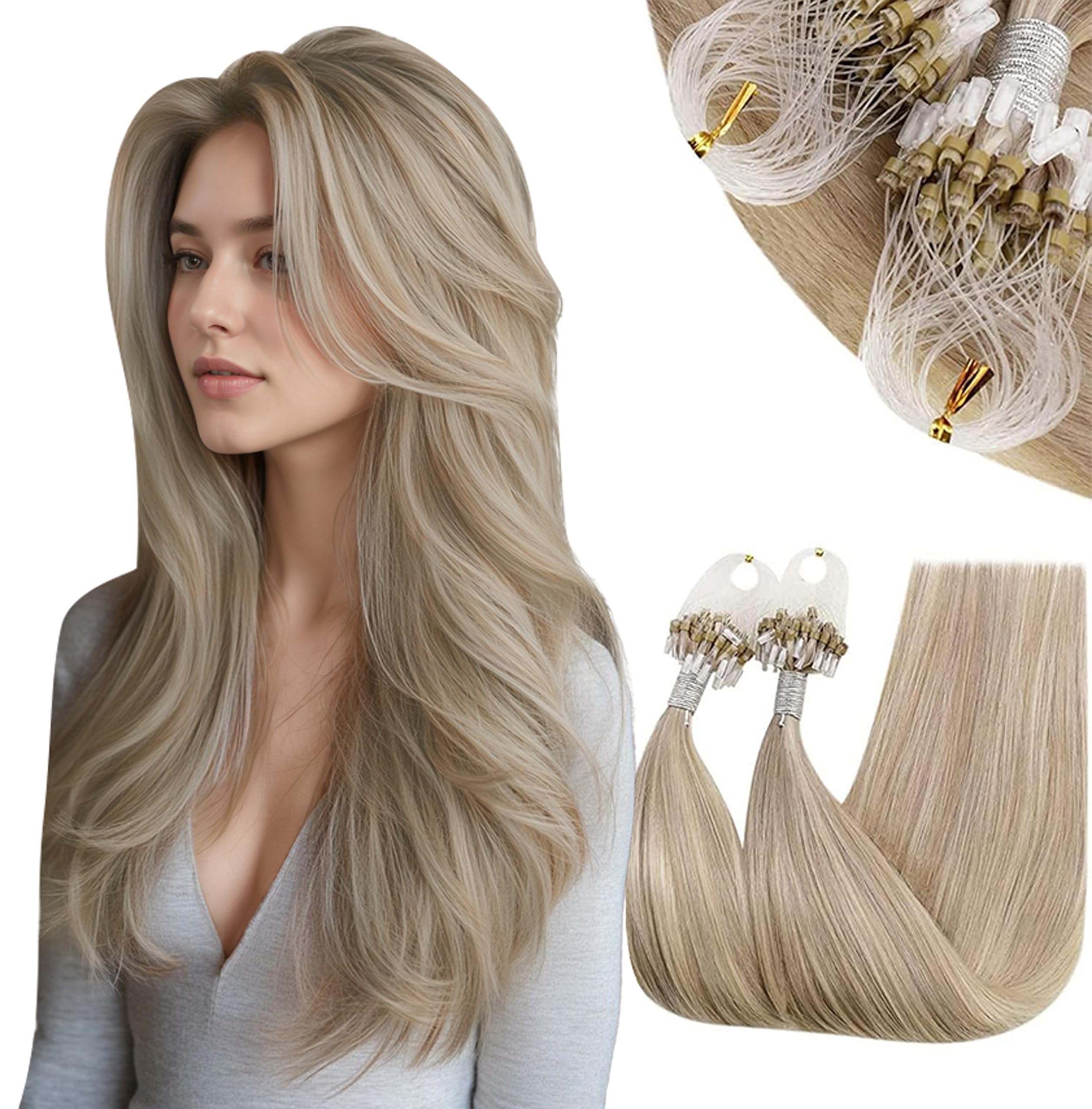 RUNATURE 18 Inch Nano Hair Extensions Real Human Hair Black Balayage Brown Nano Beads Hair Extensions Real Human Hair Ombre Blonde Invisible Straight Remy Nano Rings Hair 50g 50s #1b/4/27 — view 18