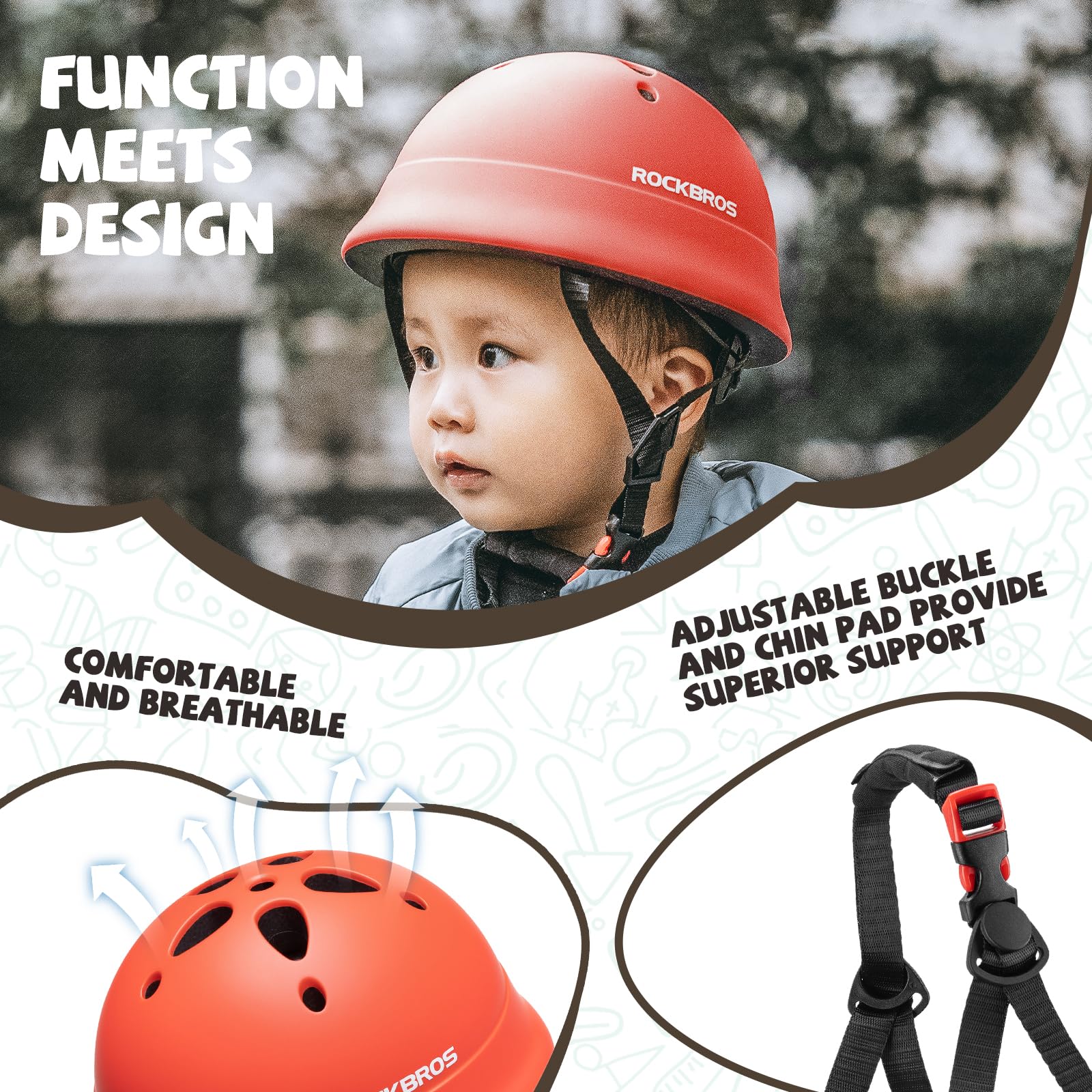 ROCKBROS Casco Bici per Bambini, Caschetti per Bicicletta BMX Skateboard, per Bimbi 2-5 Anni, Circonferenza della Testa Regolabile 48-52 cm
