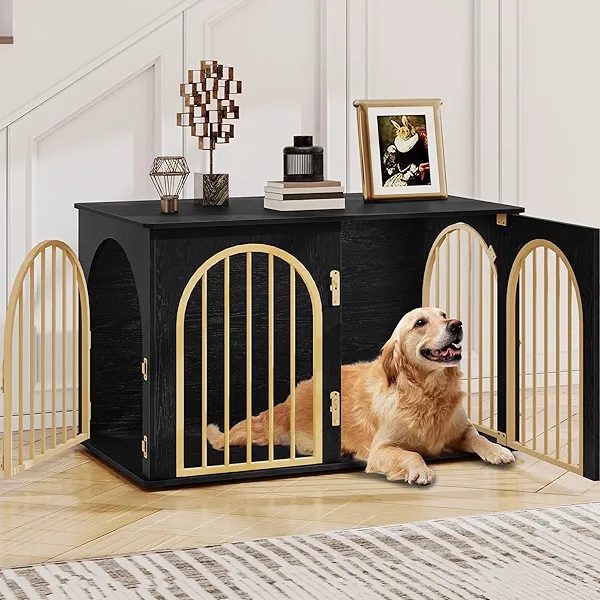 Hzuaneri 39.4" Wooden Dog Crate Furniture, Indoor Dog Kennel Dogs Cage for Small/Medium/Large Dogs, Heavy Duty Dog Crates Decorative Pet House End Side Table TV Stand, Black Gold DFC84104A