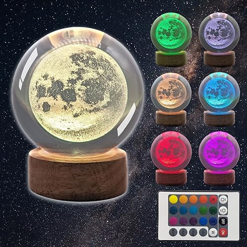 TUUWAI Bola de cristal de luna 3D de 2.36 pulgadas con lámpara LED, base de madera colorida luz nocturna con bola brillante extraíble, luz cambiante
