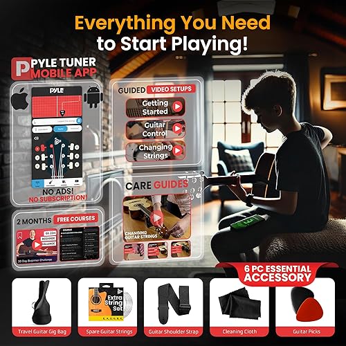 Vista 35 de Pyle Kit de guitarra acústica, 3/4 tamaño junior, instrumento de cuerda de acero de madera para principiantes, adultos, 36 pulgadas, gris oscuro mate