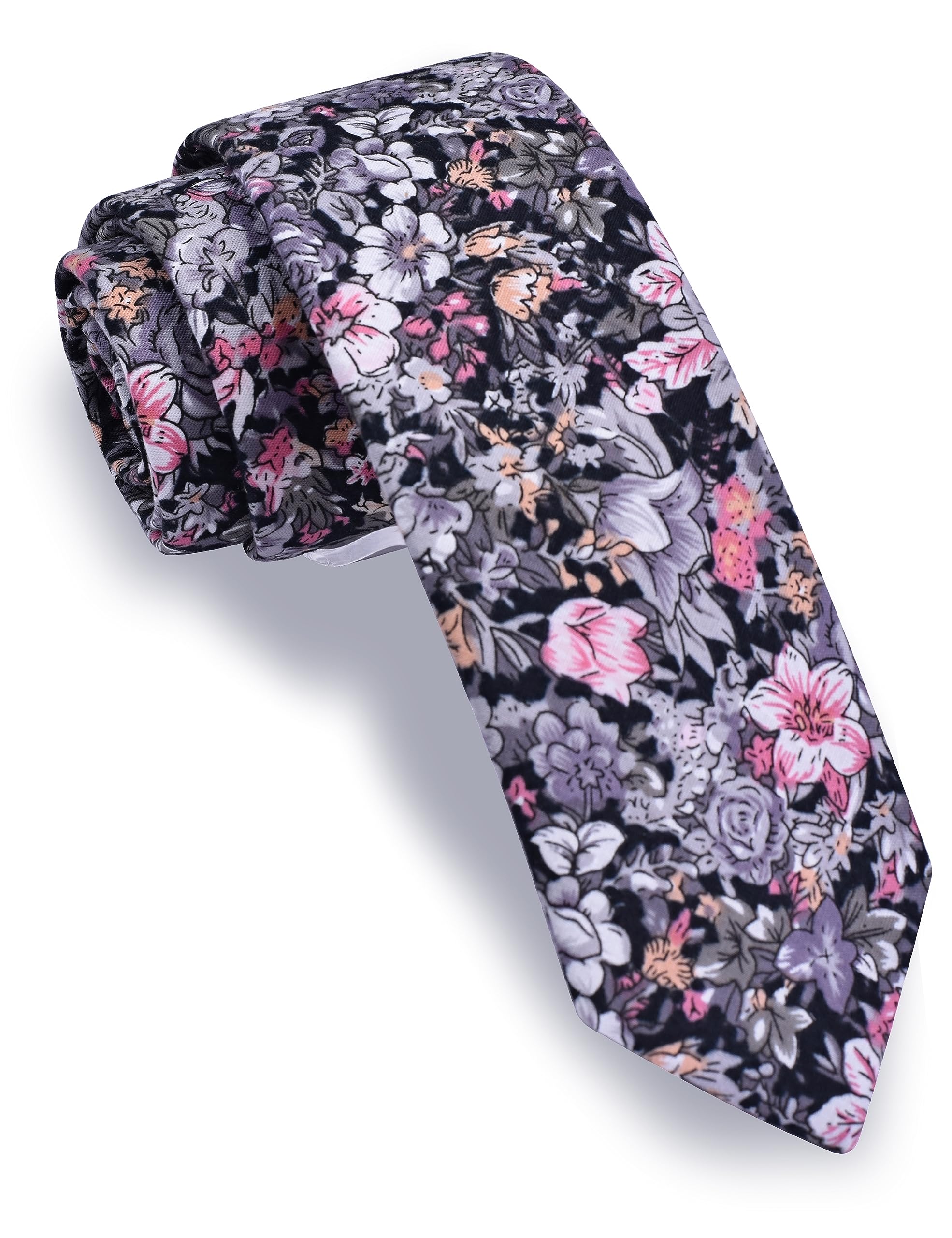 GUSLESON Mens Cotton Floral Ties for Wedding Groomsmen Slim Black Red Colorful Tie Skinny Necktie (0943-19)