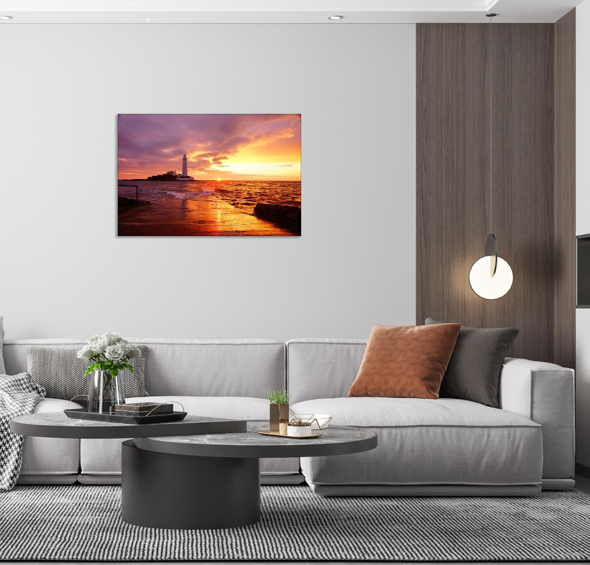 GRASKY Strand sonnenuntergang bild sonnenuntergang bild auf leinwand wandbilder landschaftsbilder mit rot Leinwandbilder Meer, Leuchtturm Wohnzimmer Deko Kunstdrucke 70X105cm (28x41in) Innenrahmen