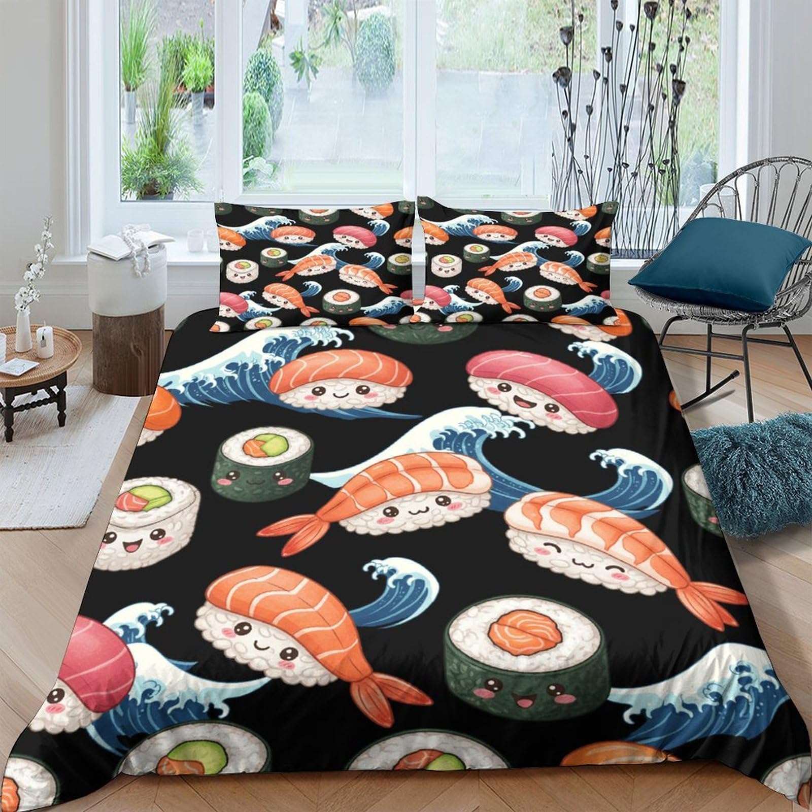 Ctjqhvkz Style-9 3D Printed Cute Sushi Fitted Sheet Microfiber Soft Breathable Kawaii Roll Mattress Cover For Bedroom Dorm Decor Single（135X200cm）