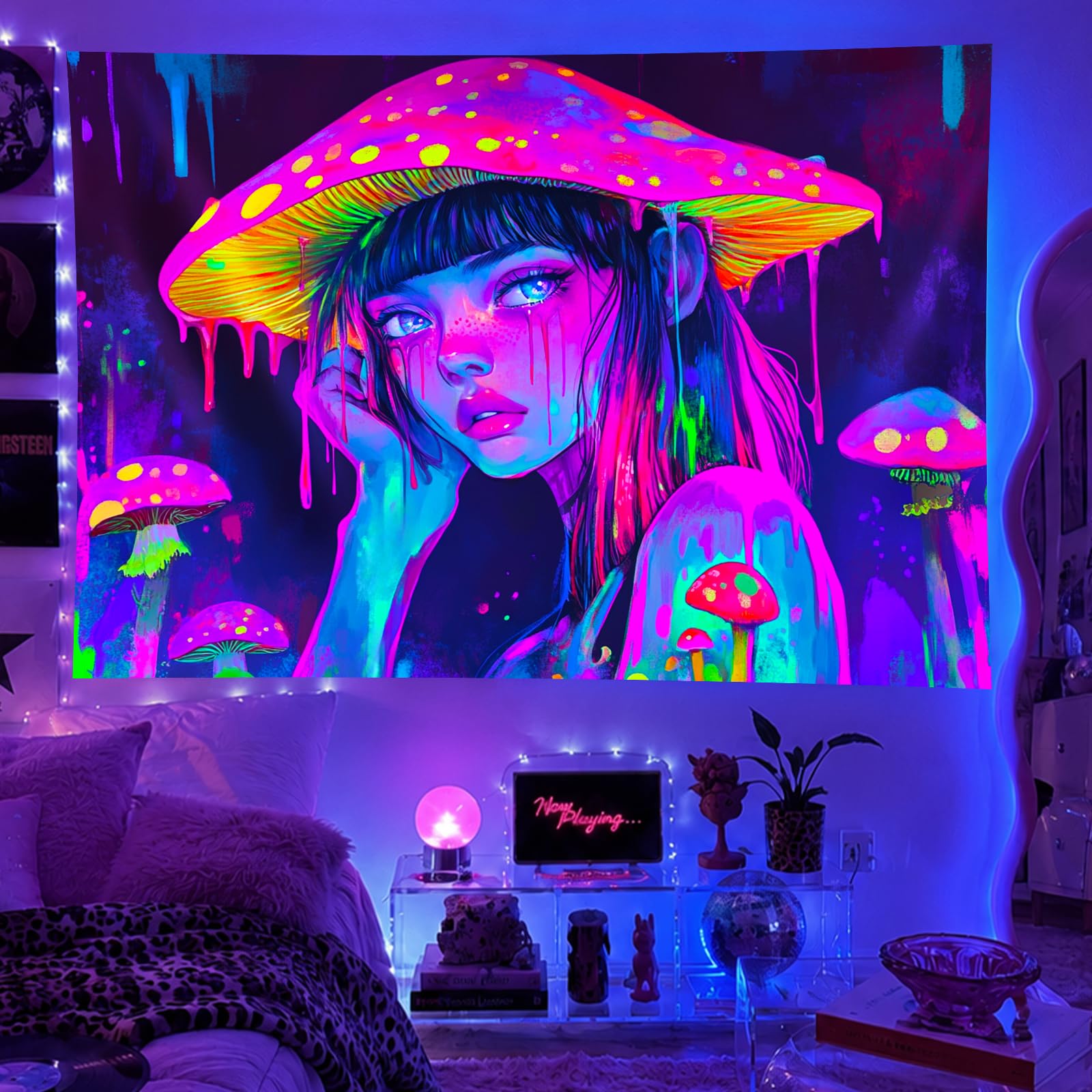 BlissYard Blacklight Tapestry Cosmic Mushroom UV Backdrop 79 x 59 Inch