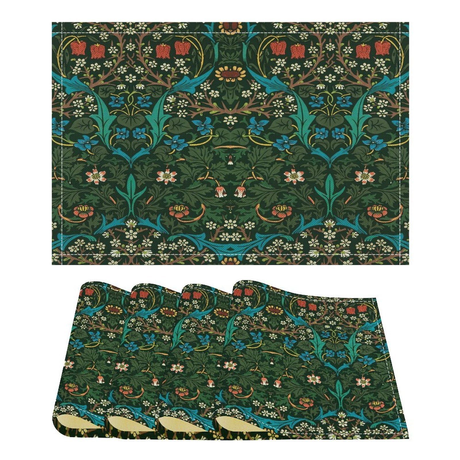 William Morris Floral Placemats Vintage Flower Art Style Boho Chic Retro Floral Linen Washable Table Mats Stain Heat-Resistant Desktop Decor Place Mats for Home Kitchen Dining Party 12x18 in 6 Pcs