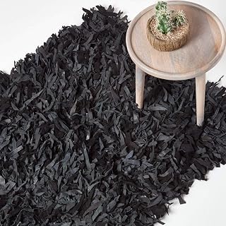 HOMESCAPES Dallas - Black Grey - 3x5 Inches - Modern Designer Genuine Leather Cut Shaggy Carpet