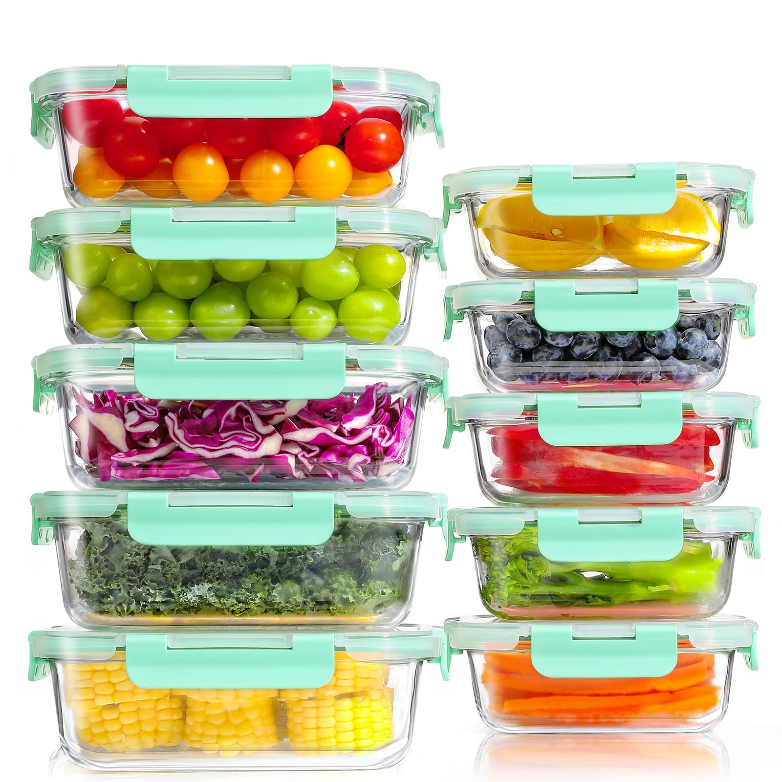 YASHE Set 10 Contenitori Vetro per Alimenti con Coperchi Ermetici, Senza BPA, Adatti a Microonde, Forno, Frigo e Congelatore, per Meal Prep, Verde