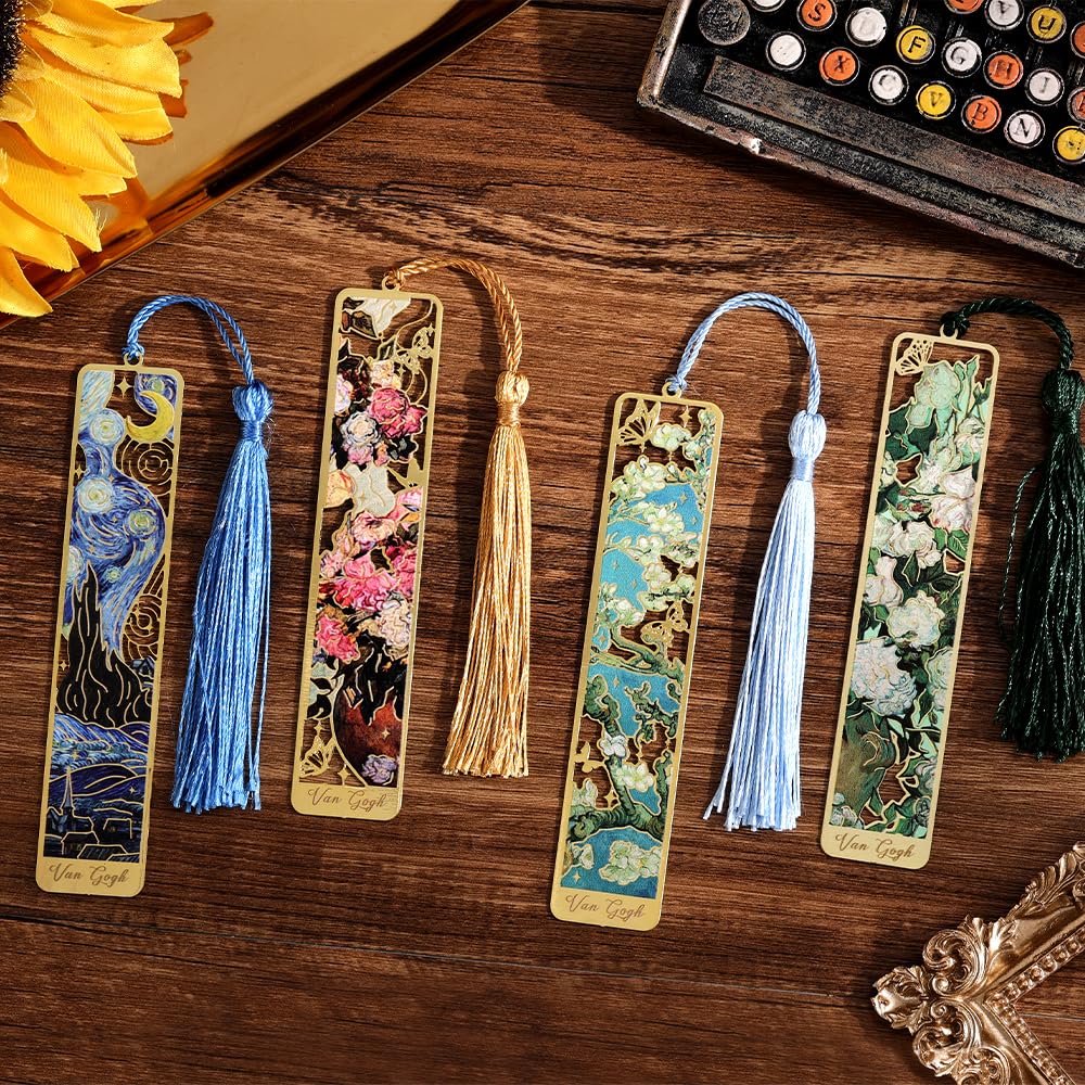 icceemee 4 Pieces of Gold Hollow Bookmarks with Tassels, Featuring Van Gogh and Monet Oil Painting Themes. Perfect for Book Lovers, Writers, Readers,