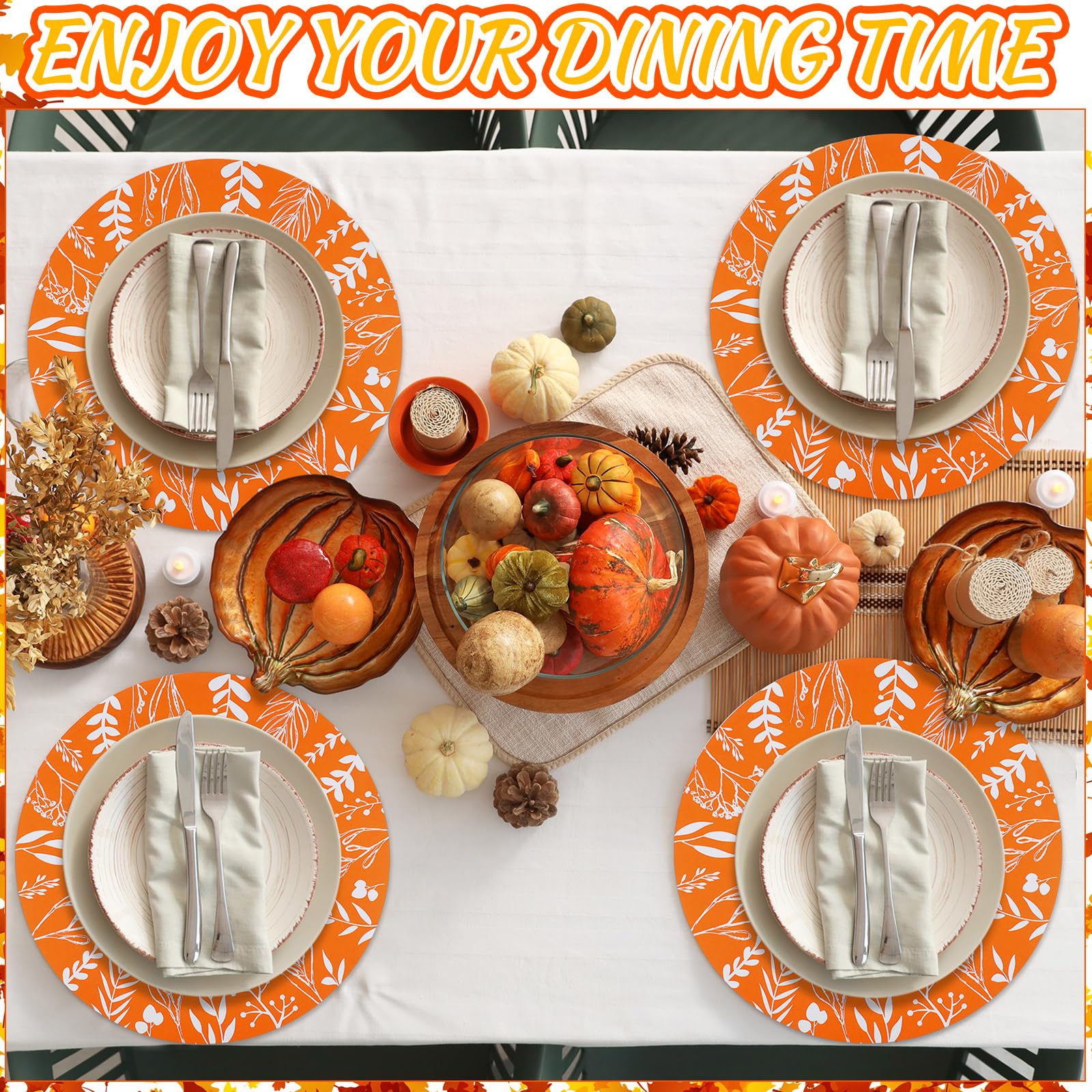 Tinlade 100 manteles individuales redondos de hojas de eucalipto naranja de 14 pulgadas, manteles individuales redondos desechables de papel para decoración de comedor