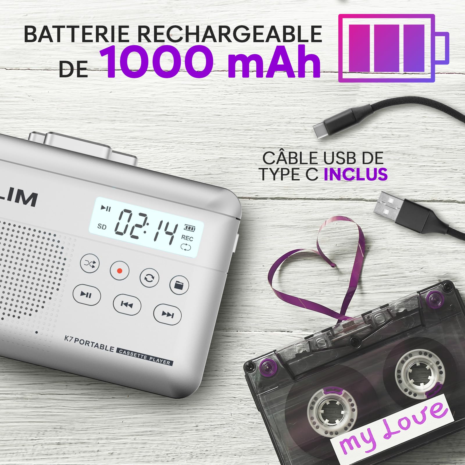 Cassette Player KLIM K7 - Lecteur Cassette Audio - Convertisseur Audio en MP3 - Microphone et Haut-Parleur intégrés - Batterie Rechargeable - Ecouteurs - Carte SD 16GB - Argent