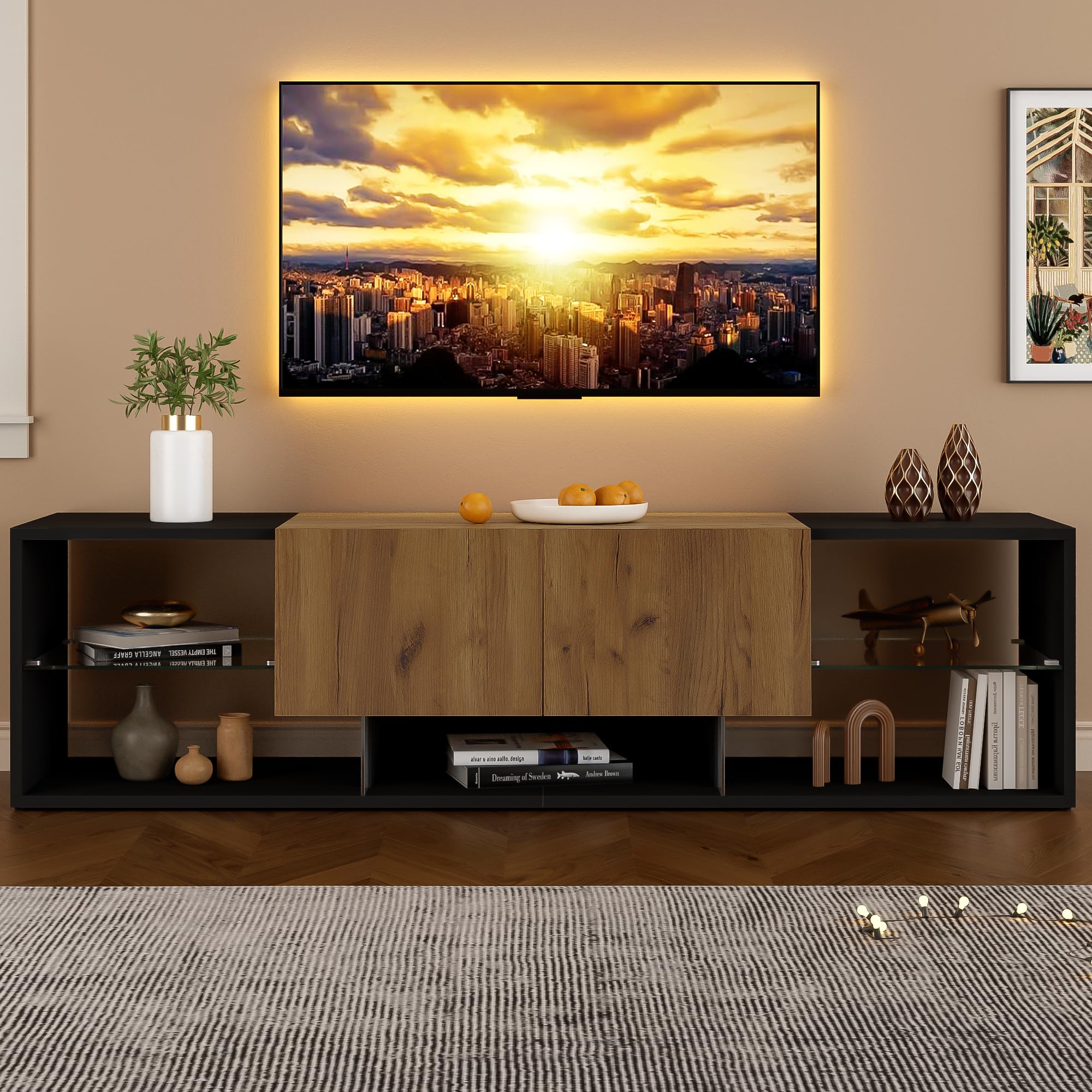 Szafka pod telewizor z szufladami, otwarte półki na telewizor o przekątnej do 70", długość 160 cm, do salonu, sypialni, kredens, dużo miejsca do przechowywania, nośność 40 kg, kolor czarny + kolor