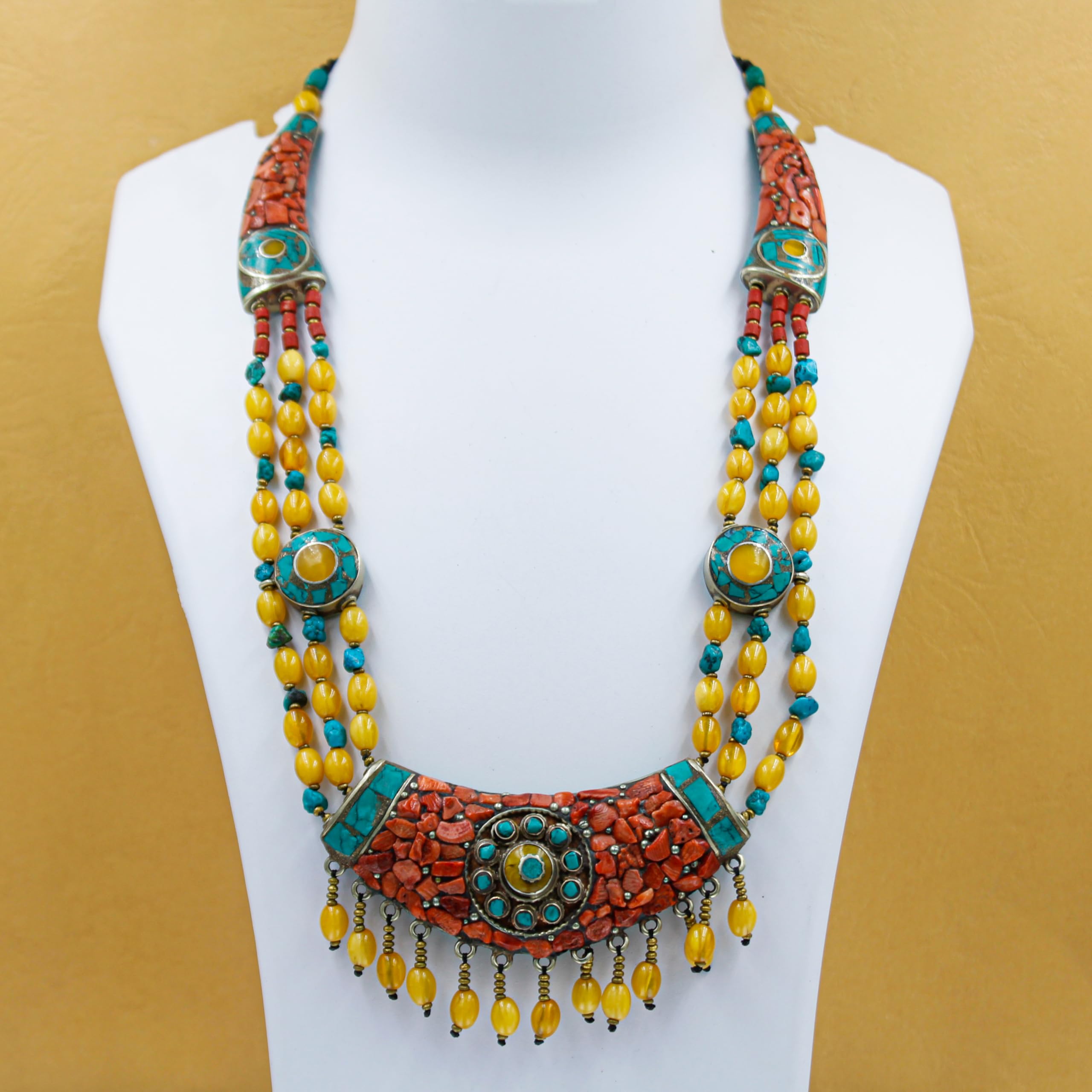 Collana Bib Etnica Boho Statement Ambra Turchese Corallo