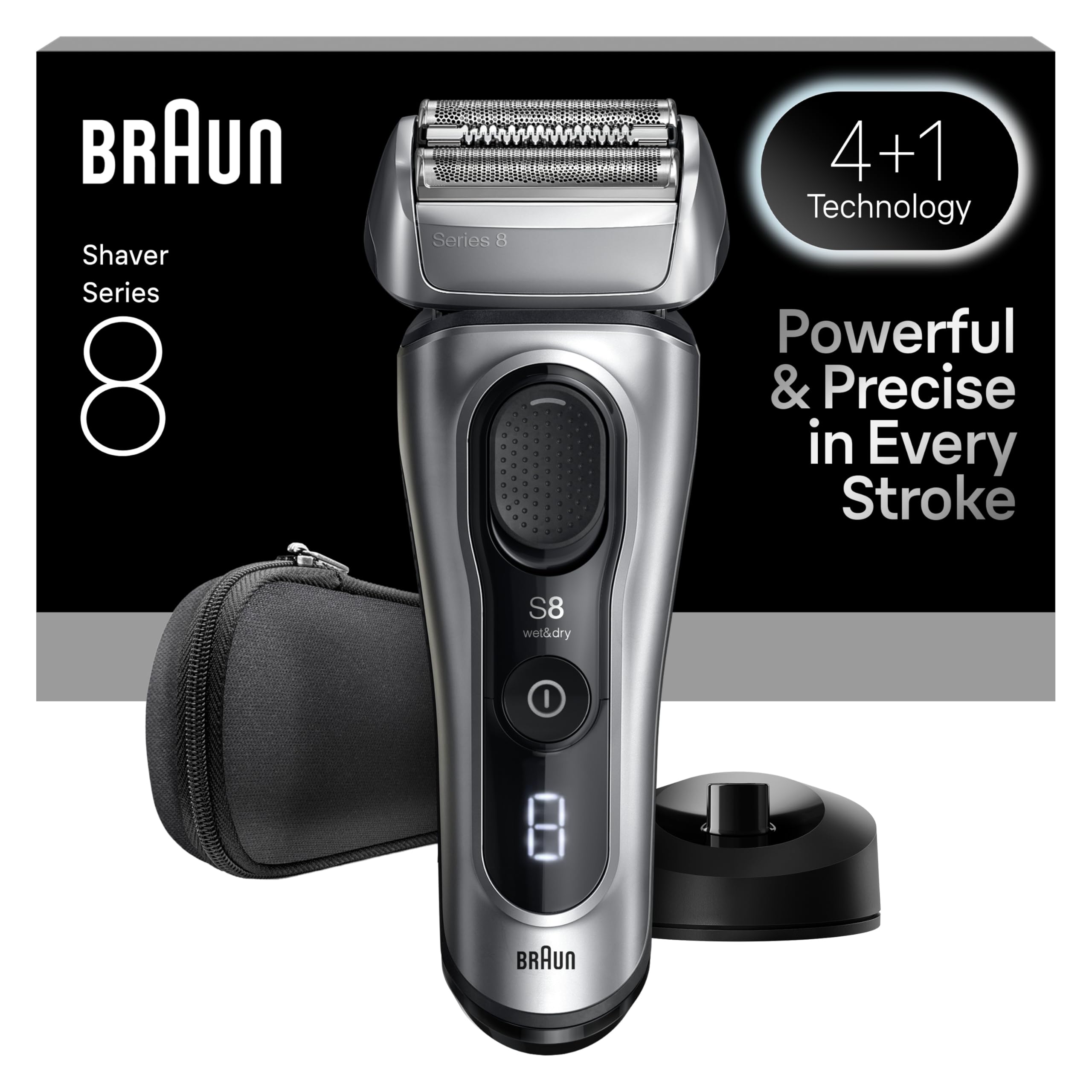 Braun Afeitadora Eléctrica Hombre Series 8, Máquina De Afeitar Barba En Seco Y En Mojado Con Cabezal De Precisión y Recortadora, 60 Min De Uso, Base De Carga Y Estuche De Viaje, 8617S, Plata