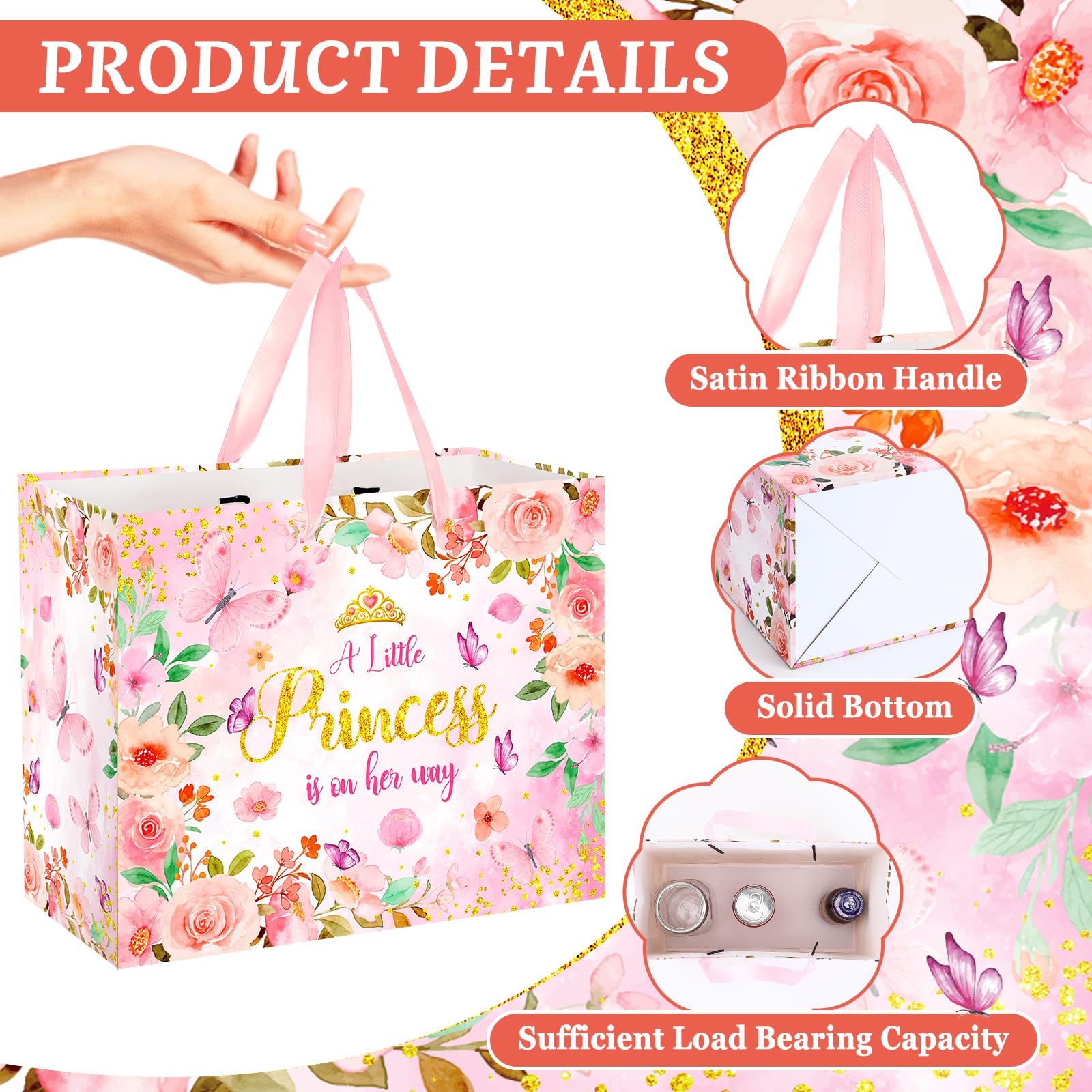 Princess Baby Shower Birthday Gift Bag for Baby Girls A Little Princess is On Her Way Bag with Wrapping Paper Card Pink Rose Gold Flowers Gift Bag for Princess Baby Shower Birthday Party Supplies