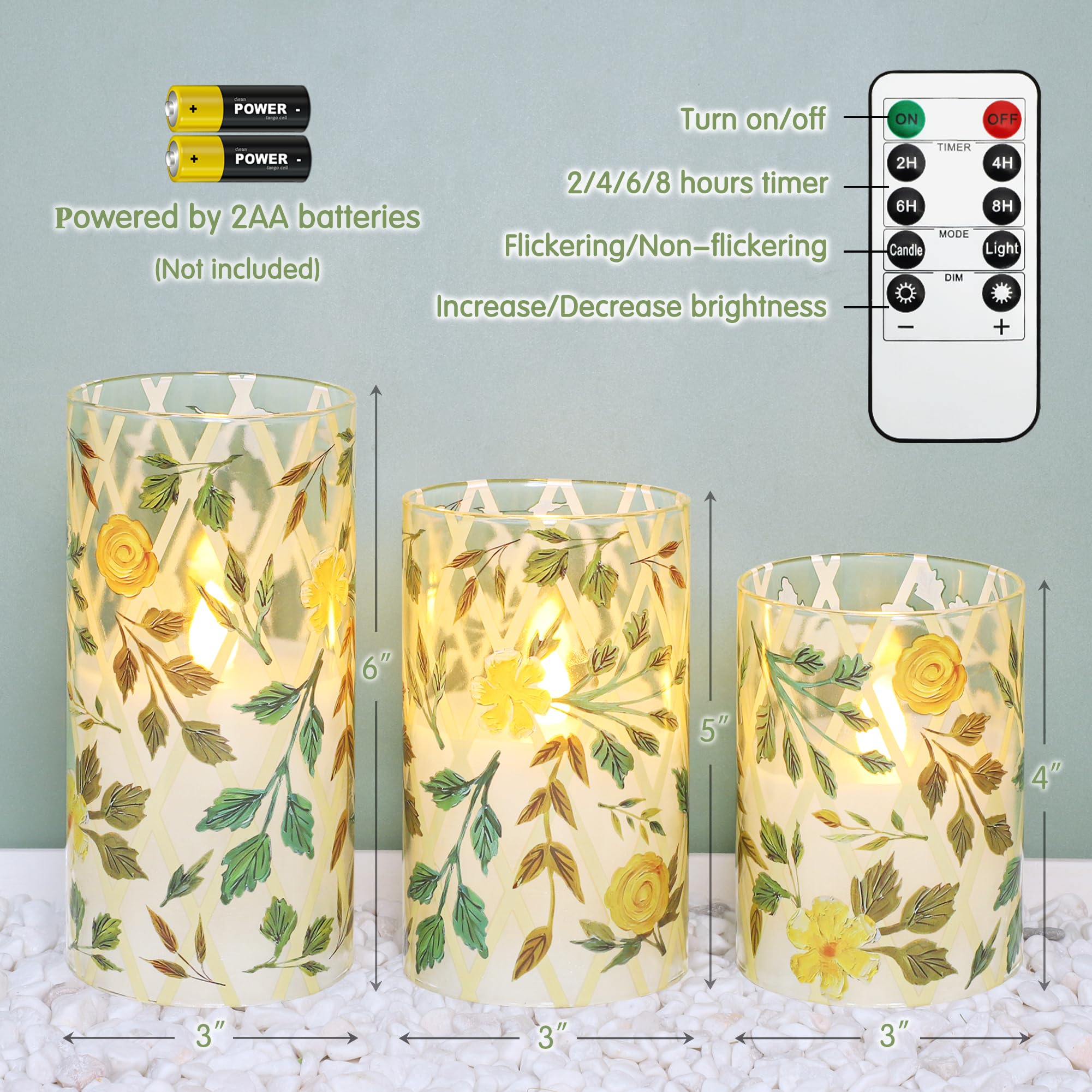 Flammenlose LED-Kerzen mit Fernbedienung und Timer, Gelb Blume Grünes Gras Design, Glas Stumpenkerzen 3er Set