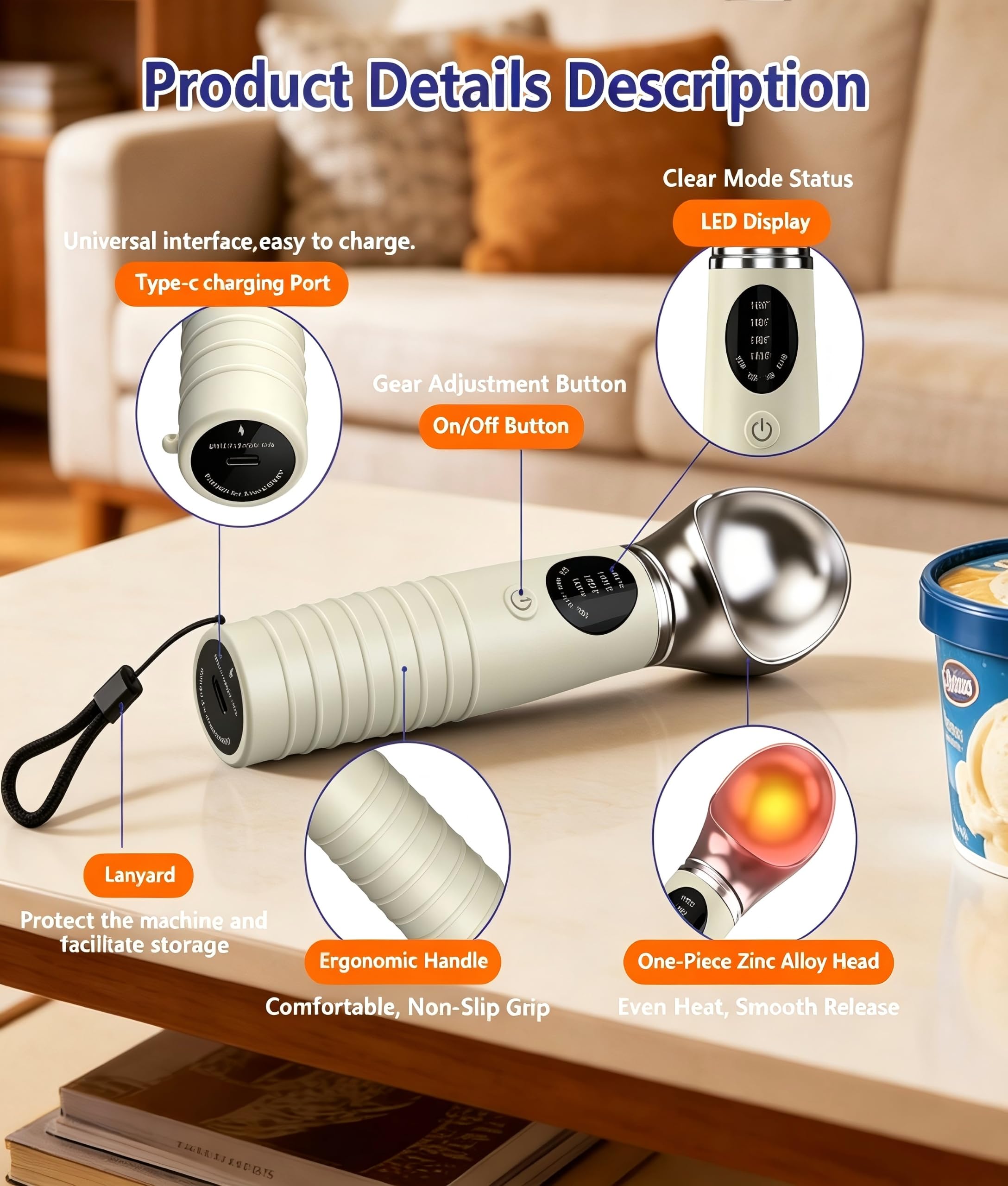 Cuillère à Glace Électrique, WADEO Cuillère à Crème Glacée Chauffante avec Écran LED, 4 niveaux de Chaleur 40-70°C & Étanche IP67, Tête Amovible Cuillère à Glace pour Prélever Facilement Glace Dure