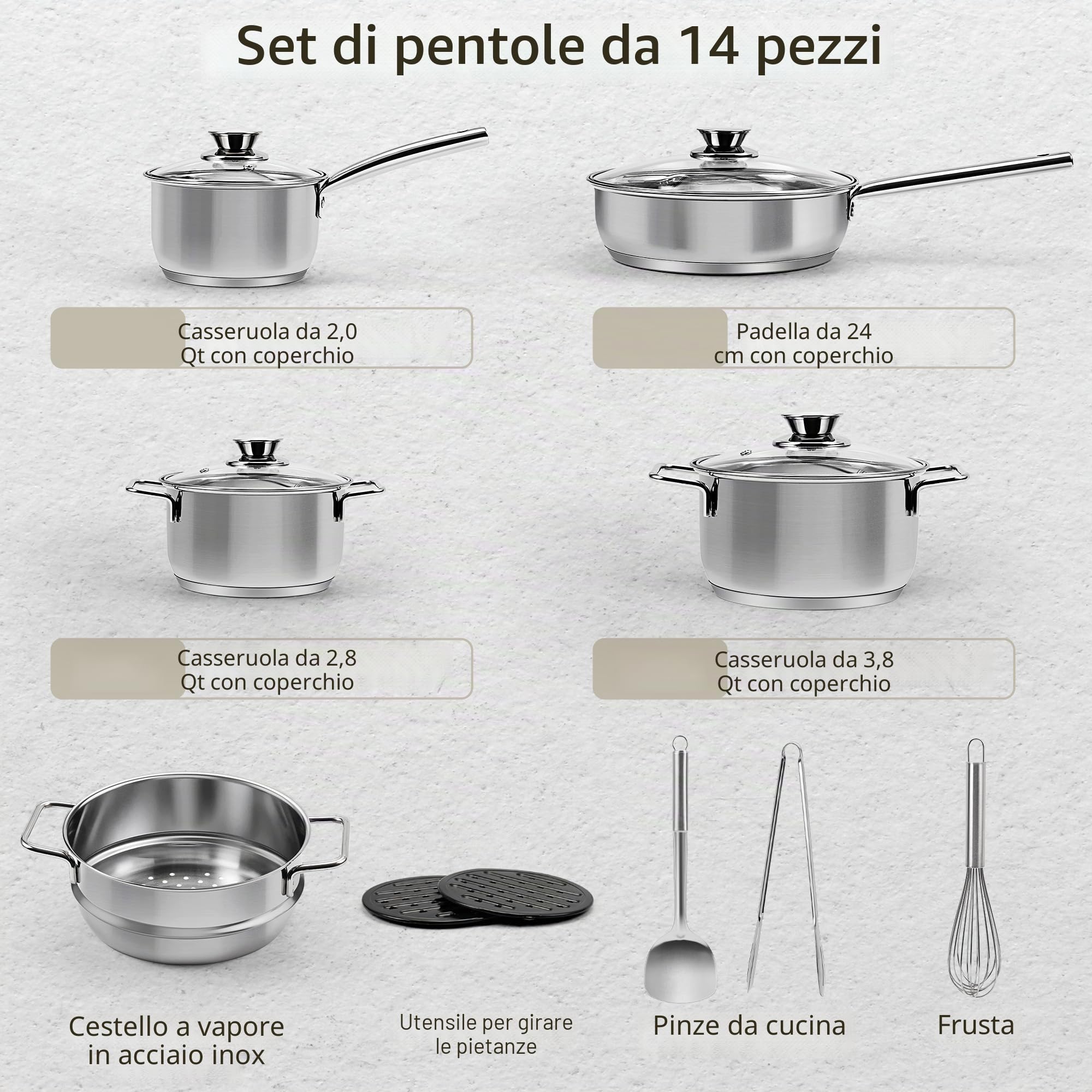 14 Pezzi Set di Pentole e Padelle in Acciaio Inossidabile, set di Pentole per Induzione, Pentole con Vapore e Coperchi in Vetro e Set di Utensili, Adatto a tutti i Fornelli