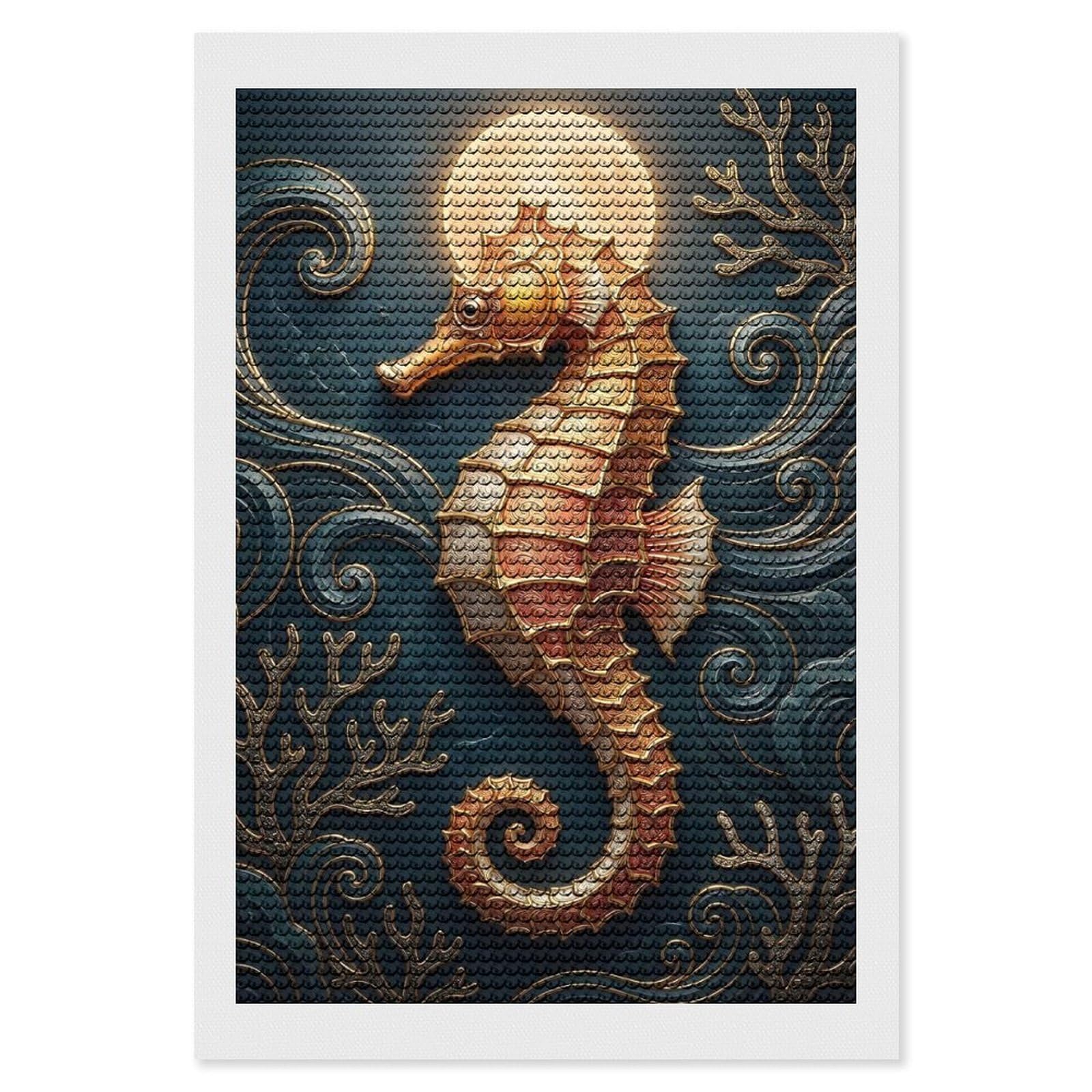 Junmoney Golden Seahorse Under The Moon DIY Diamond Art Canvas Kit 8"x12", Complete Accessories, Creative Leisure Activity, Home Wall Decor, Gift Idea