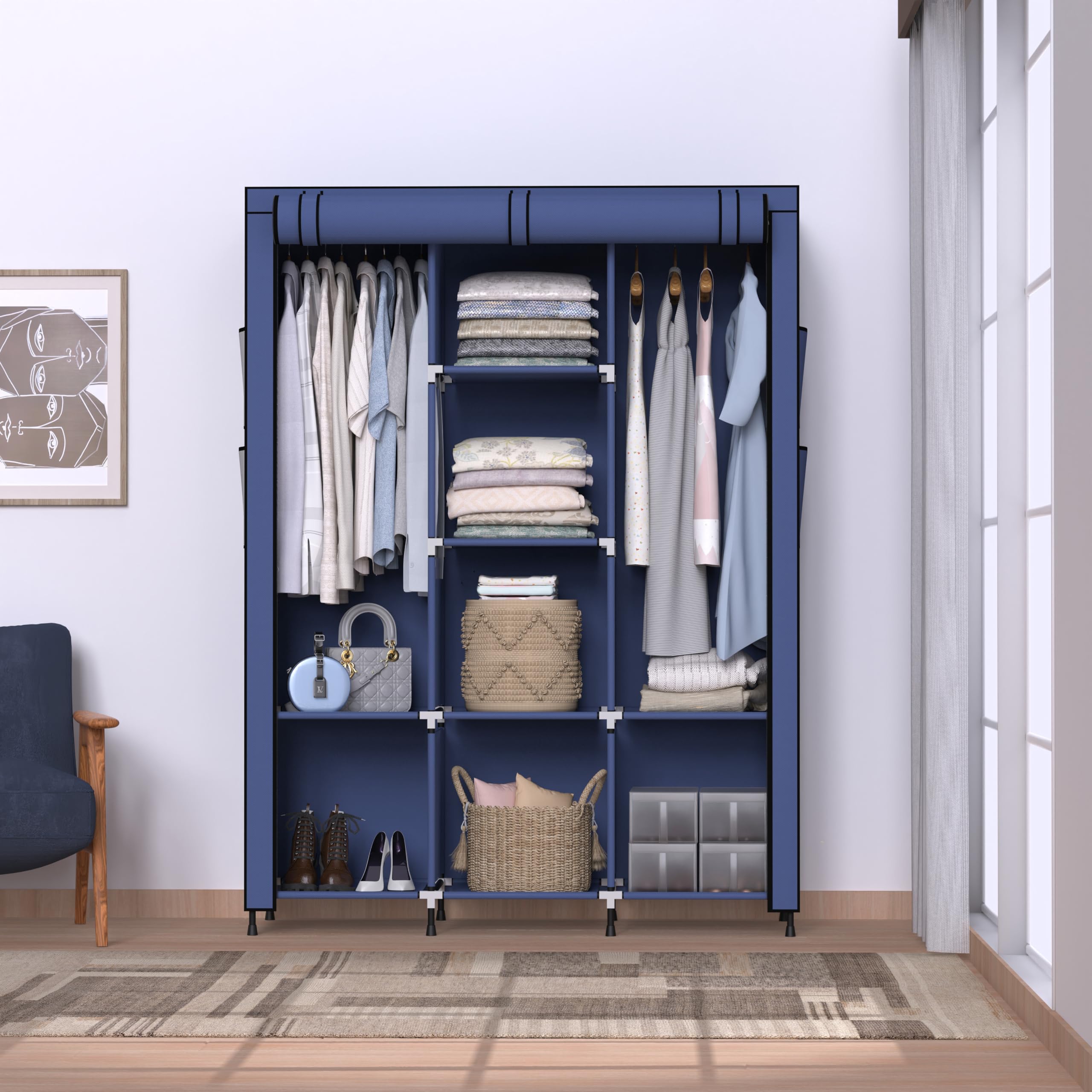 HAUSWAY Foldable Wardrobe/Cabinet/Multipurpose Storage Rack, Collapsible Fabric & Plastic Wardrobe Organizer for Clothes - 3 Door - 8 Shelfes & 2 Hanger Cabinet - Navy Blue-image-49