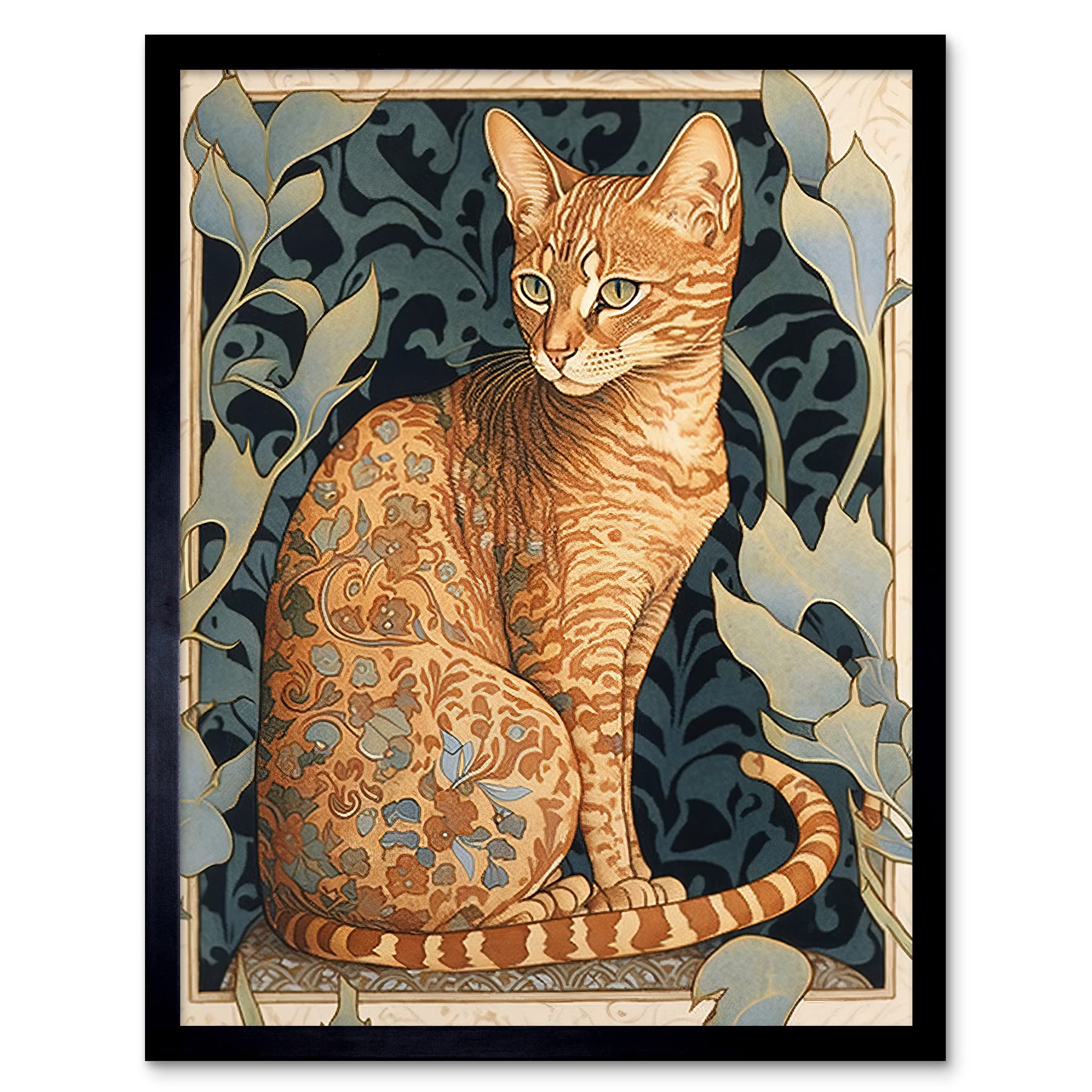 Ocicat Cat Art Nouveau Watercolour Print - Artery8 - Framed Wall Art W12" x H16"