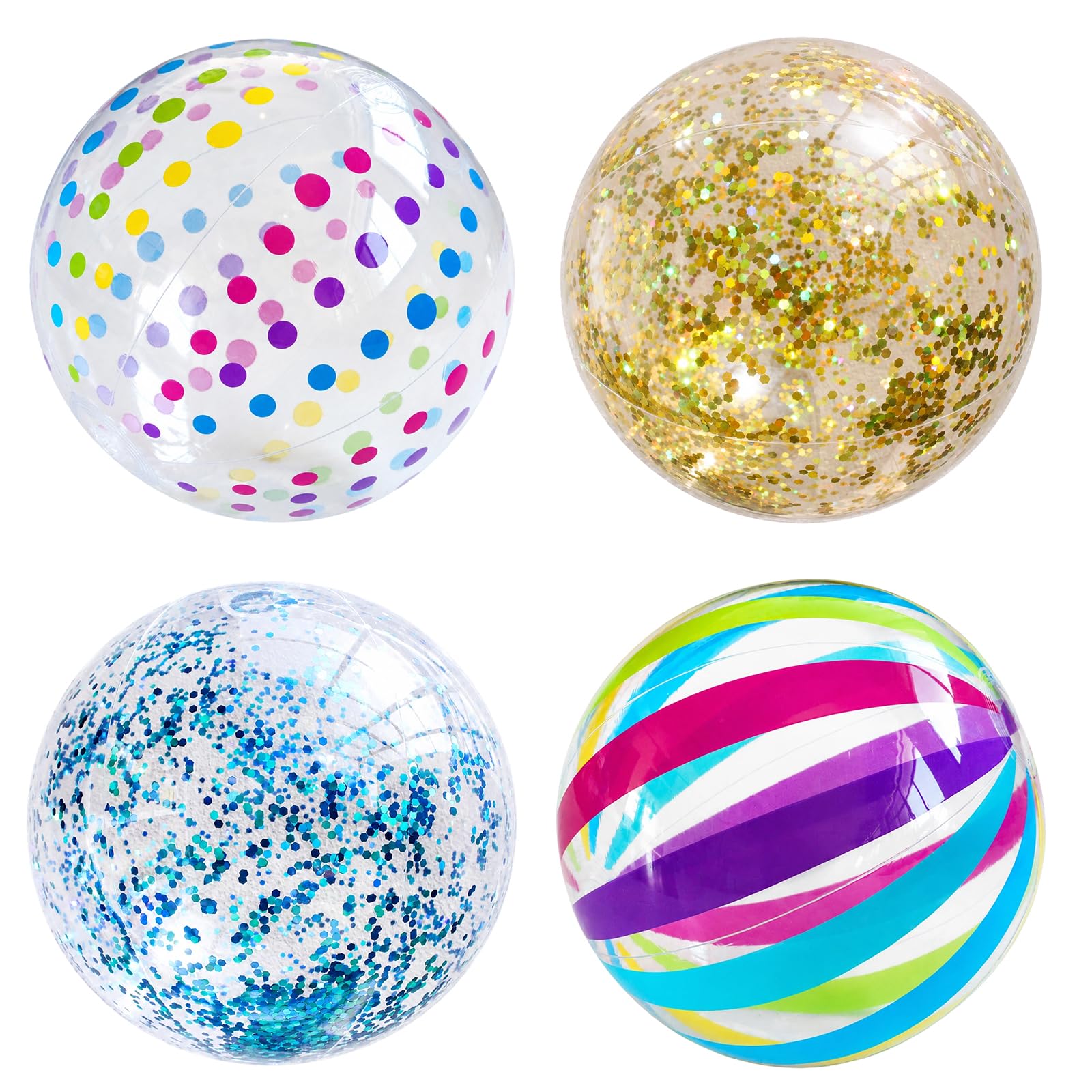 4Pcs Beach Ball, Beach Balls Inflatable, Inflatable Ball, Versatile Outdoor Water Play Accessories for Swimming Pools and Beach Games,(Polka Dot, Stripe, Blue Ribbon and Gold Ribbon)