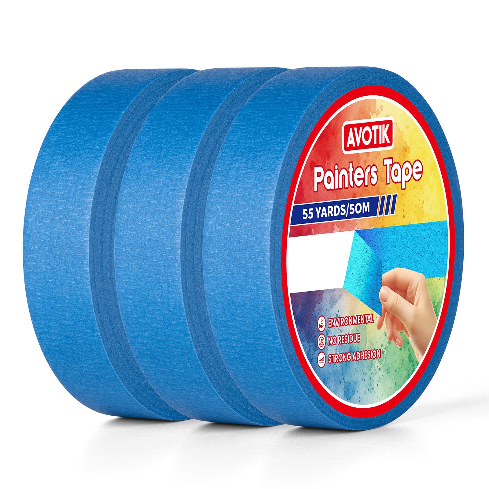 Avotik Blue Painters Tape 3 Rolls: Masking Tape 24mm Wide x 55 Yards - Painter's Tape Blue Masking Tape for Walls Painting Packing, Wood, Floors, DIY, Total 220 Yards (3 rolls-24mm x 50m)