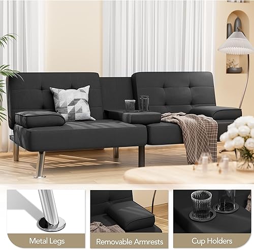 Miniatura 3 de Shahoo Moderno sofá cama plegable tapizado de lino con reposabrazos extraíbles, patas de metal, 2 portavasos para sala de estar, color negro