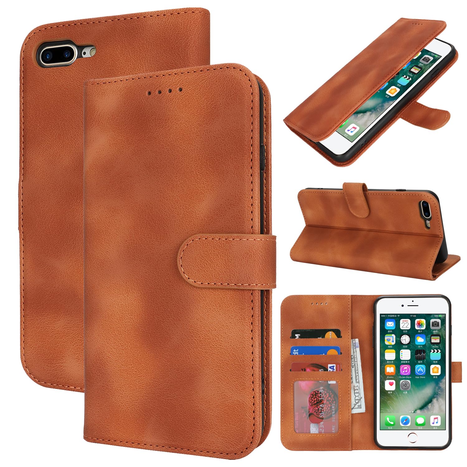 Zouzt Hülle für iPhone 8 Plus/7 Plus, Premium PU Leder, Vintage Hellbraun | Handyhülle mit Kartenfächern, Magnet Klapp Schutzhülle, Stoßfeste TPU-Innenhülle, Frauen Männer, Leather Wallet Phone Case