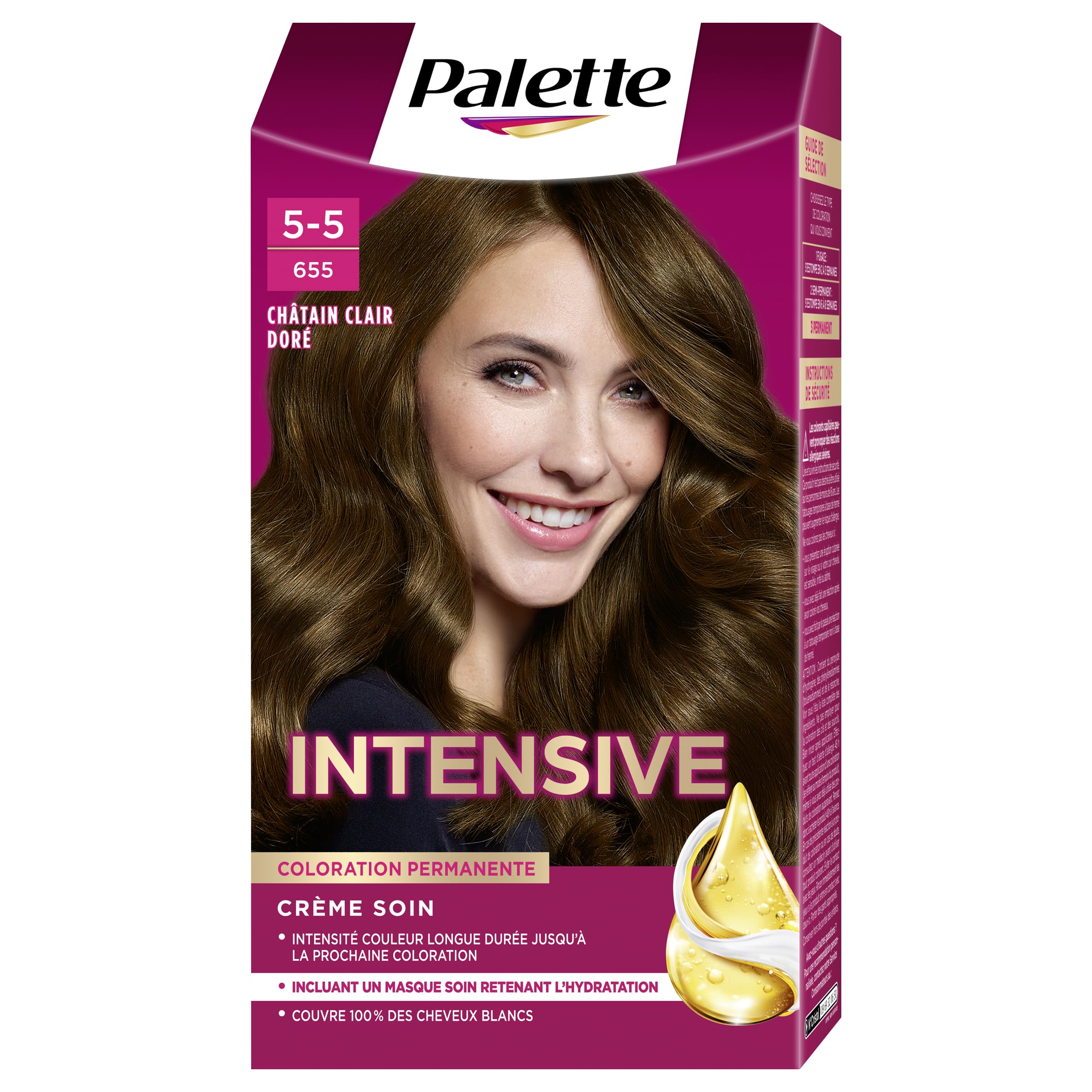 Schwarzkopf Palette, Coloration Permanente Cheveux, Crème Soin, Couvre 100 Pour cent des Cheveux Blancs, Tenue 8 semaines, Chatain Clair Dore 655, 1 Unité