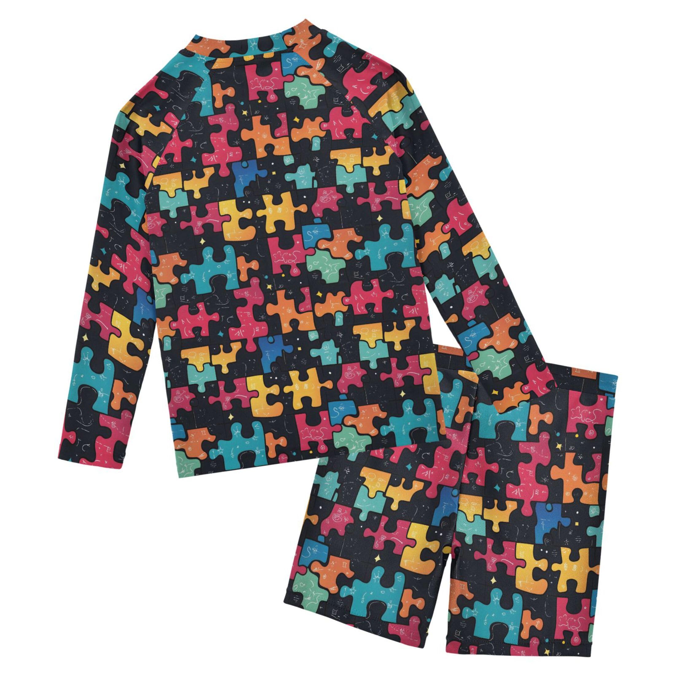 Jigsaw Puzzle Boys Rash Guard Swimsuits Set for Boys Long Sleeve Swim Shirts Bathing Suits with Trunks B0403554