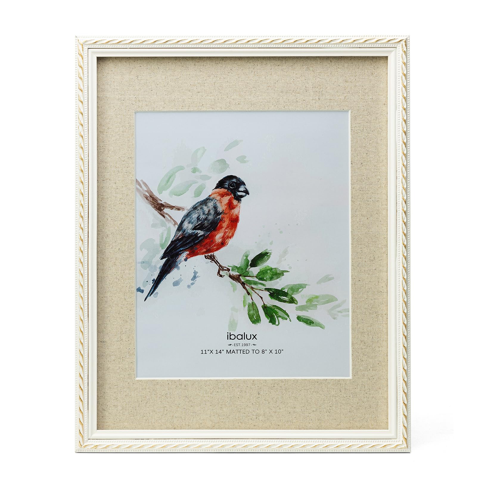 ibalux 11x14 Picture Frame Pine Wood with Real Glass, Gold-Toned Synthetic Rope Edging, Linen Matted to 8x10, Vertical and Horizontal for Wall Hanging