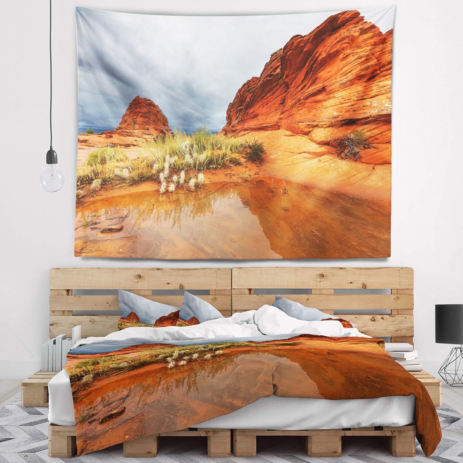 Designart ' Clear Lake Vermillion Cliffs' Landscape Tapestry Blanket Décor Wall Art for Home and Office x Large: 80" x 68"