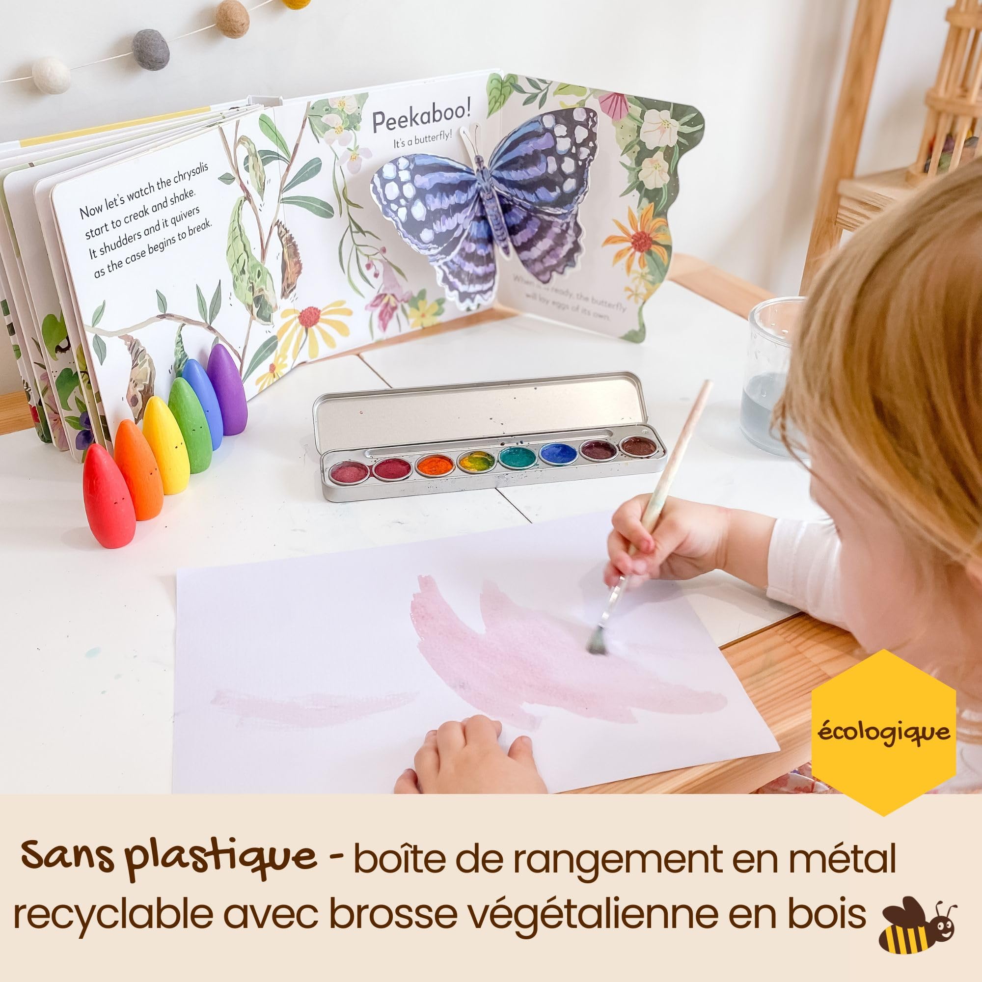 Honeysticks Set de peinture aquarelle non toxique 8 couleurs avec pinceau pour enfants