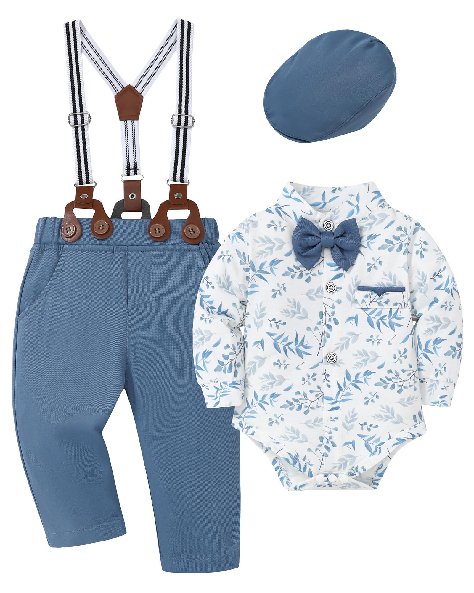 SOLOYEE Baby Boy Clothes Suits 6-9 Months Baby Boys Formal Wedding Outfits Long Sleeve Dress Shirt + Suspender Pants + Bowtie + Beret Gentleman Clothing Set (Capri Blue, 6-9 Months)