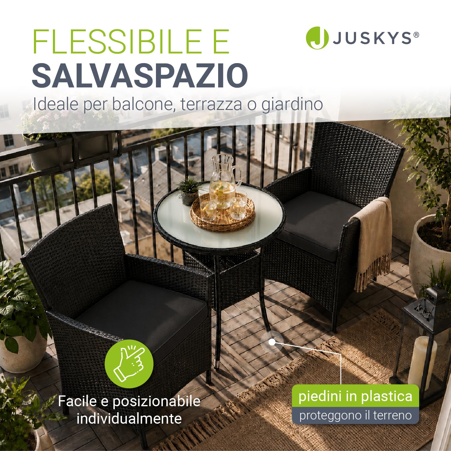 Juskys Polyrattan Set da balcone Bayamo 2 persone - Tavolo con piano in vetro & 2 sedie - Mobili da balcone resistenti alle intemperie - Cuscini lavabili - nero - grigio