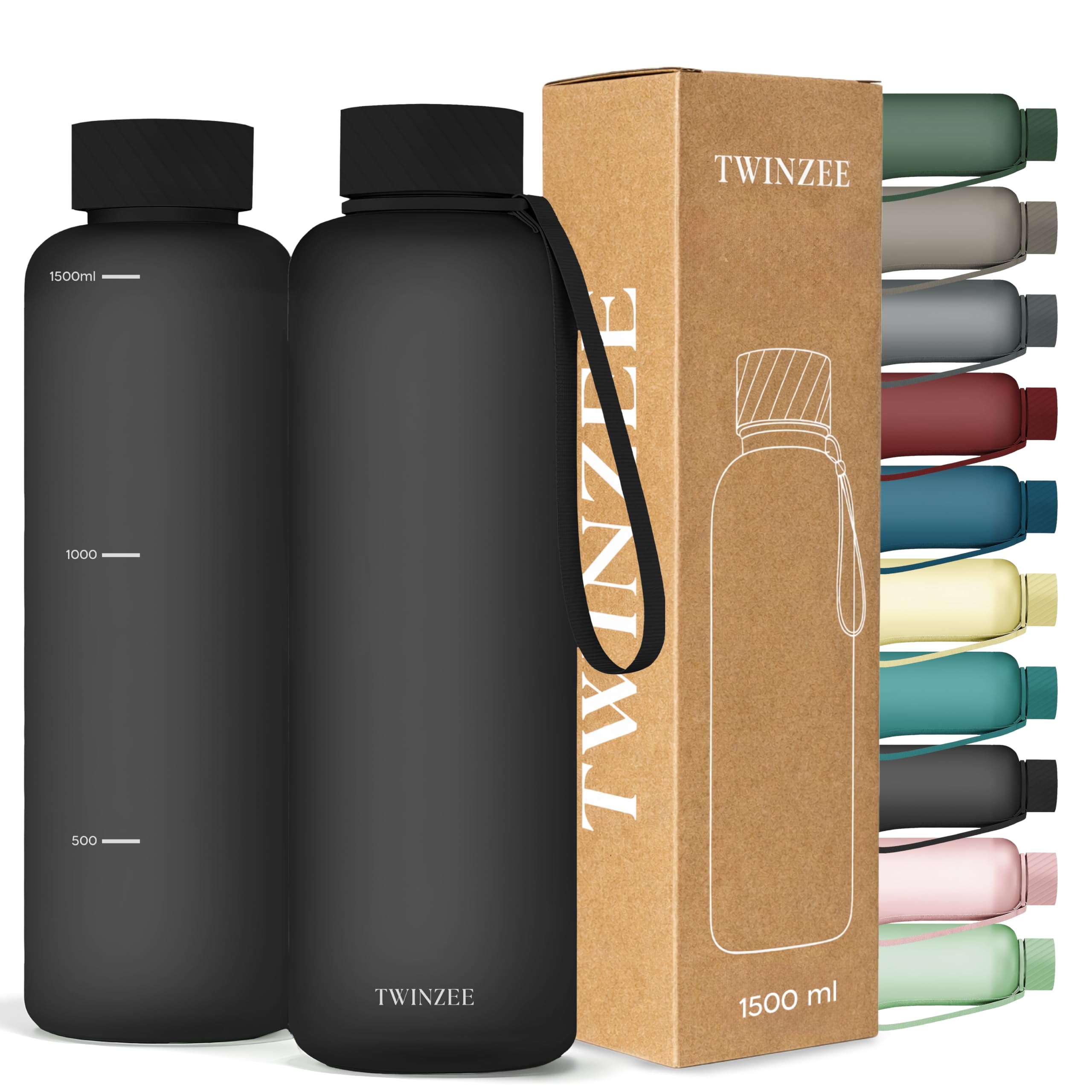 Twinzee Borraccia 1,5 litri - A Prova di Perdite, Senza BPA, Sostenibile - Water Bottle per Scuola e ufficio, Borraccia sportiva - Nero Profondo